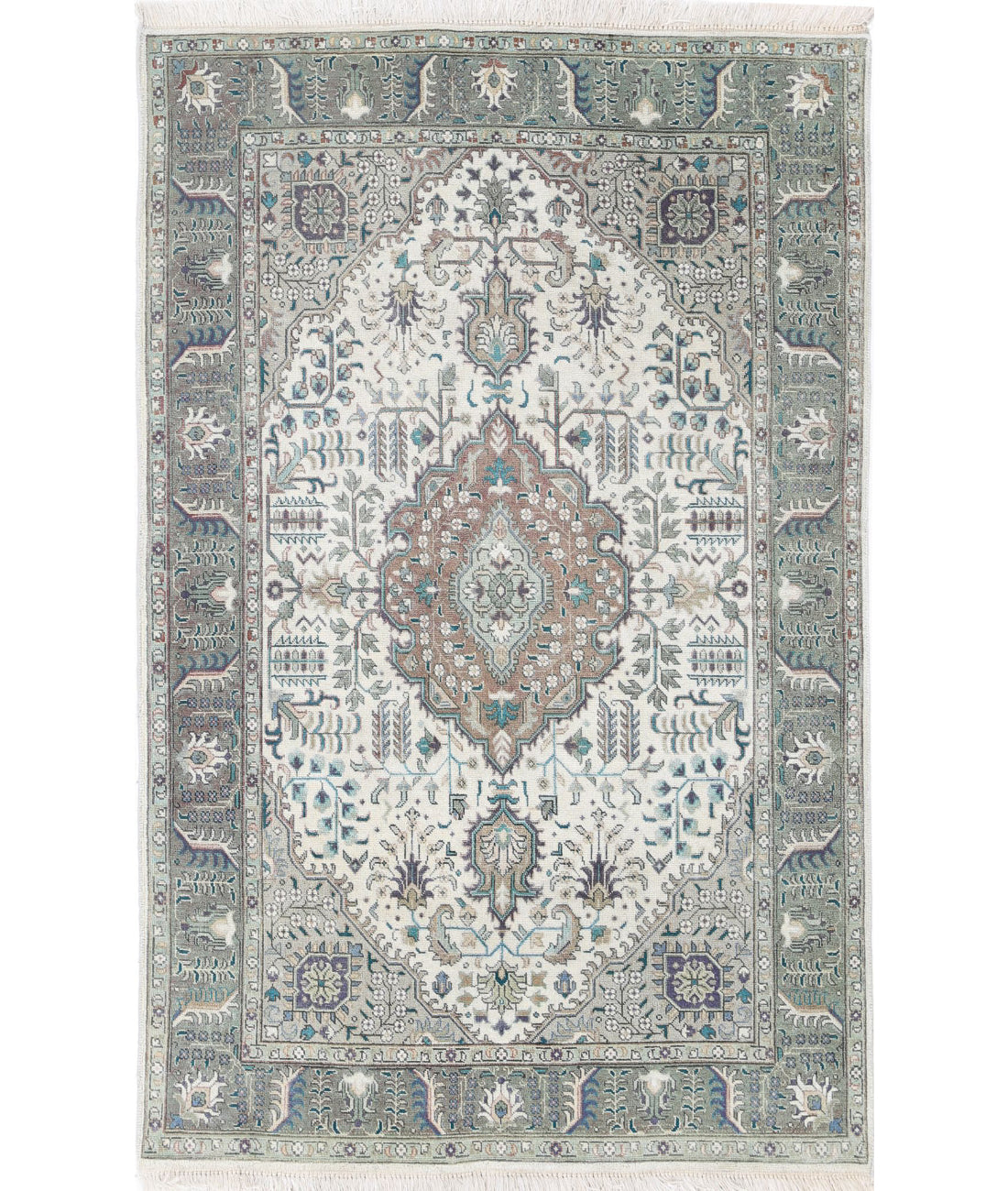 Hand Knotted Vintage Persian Tabriz Wool Rug - 3&#39;2&#39;&#39; x 5&#39;0&#39;&#39; 3&#39;2&#39;&#39; x 5&#39;0&#39;&#39; (95 X 150) / Ivory / Green