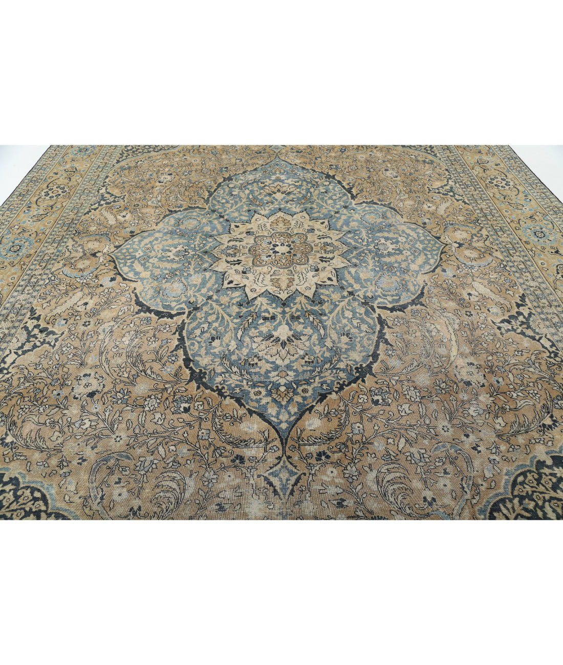 Hand Knotted Antique Persian Tabriz Wool Rug - 10'7'' x 15'3'' 10'7'' x 15'3'' (318 X 458) / Taupe / Blue