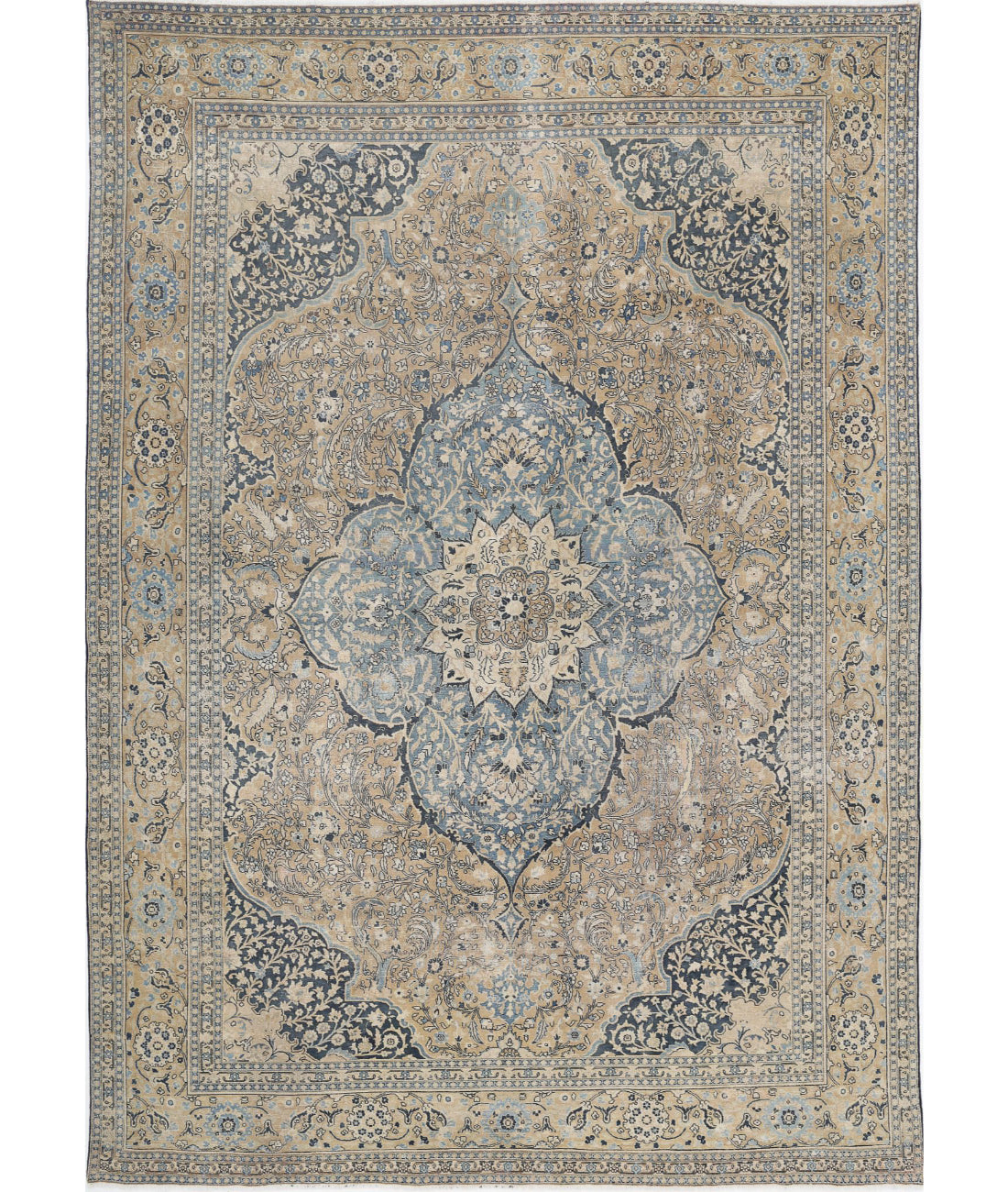 Hand Knotted Antique Persian Tabriz Wool Rug - 10'7'' x 15'3'' 10'7'' x 15'3'' (318 X 458) / Taupe / Blue