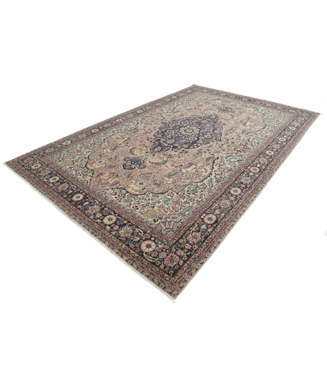 Hand Knotted Vintage Persian Tabriz Wool Rug - 8'3'' x 12'11'' 8'3'' x 12'11'' (248 X 388) / Pink / Blue