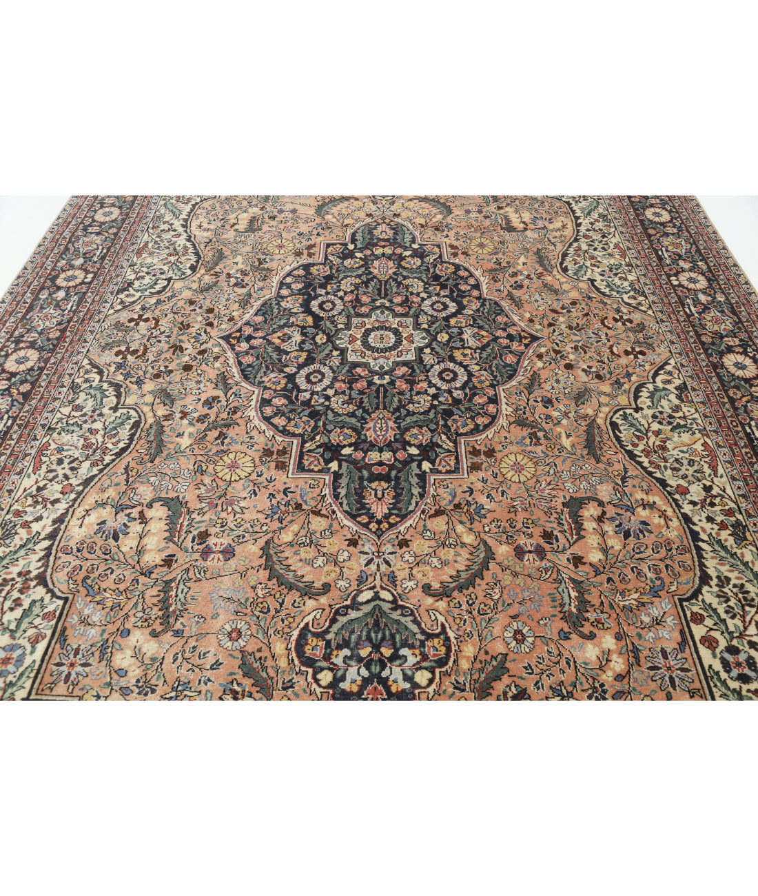 Hand Knotted Vintage Persian Tabriz Wool Rug - 8'3'' x 12'11'' 8'3'' x 12'11'' (248 X 388) / Pink / Blue