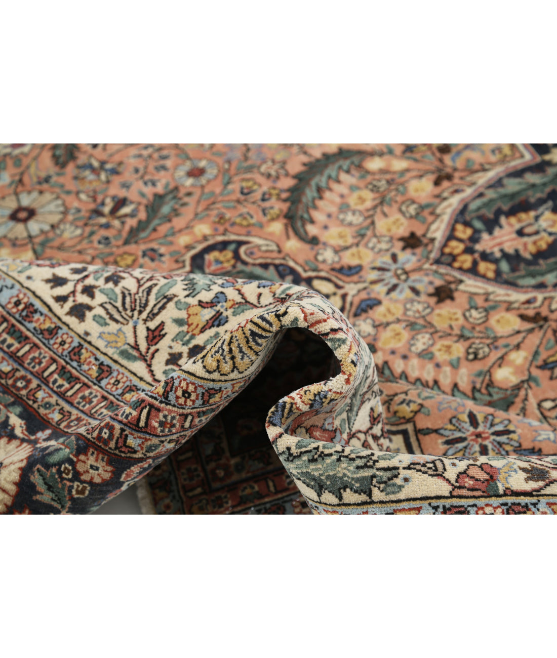 Hand Knotted Vintage Persian Tabriz Wool Rug - 8'3'' x 12'11'' 8'3'' x 12'11'' (248 X 388) / Pink / Blue