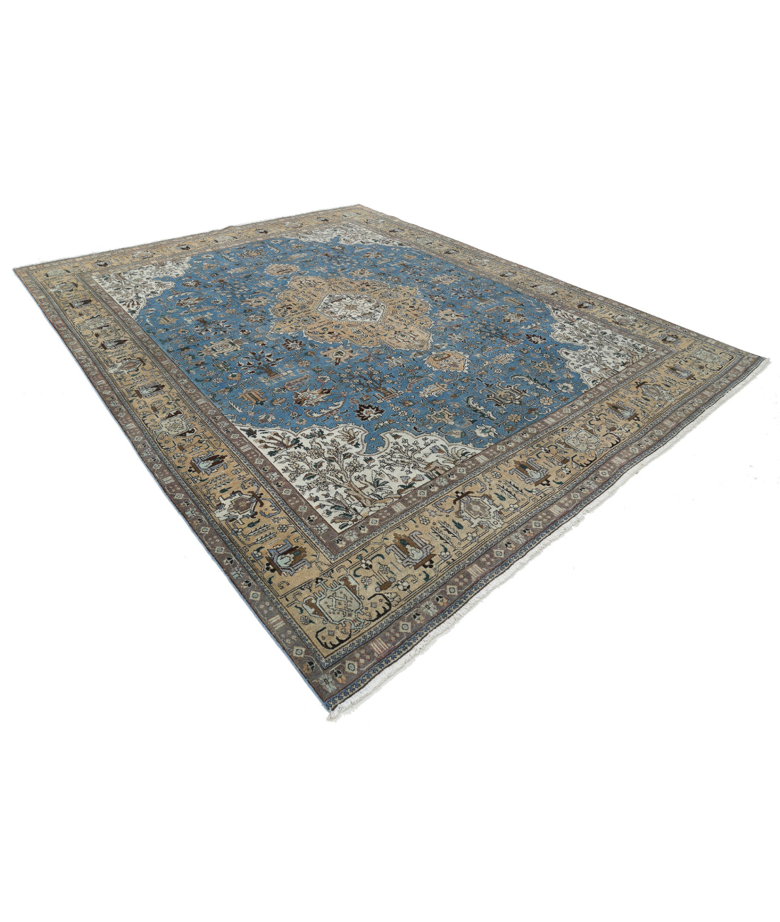Hand Knotted Antique Persian Tabriz Wool Rug - 9'8'' x 12'1'' 9'8'' x 12'1'' (290 X 363) / Blue / Beige