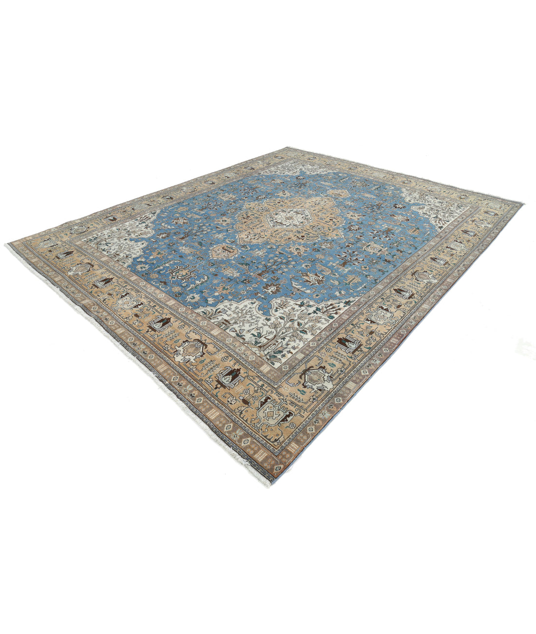 Hand Knotted Antique Persian Tabriz Wool Rug - 9'8'' x 12'1'' 9'8'' x 12'1'' (290 X 363) / Blue / Beige