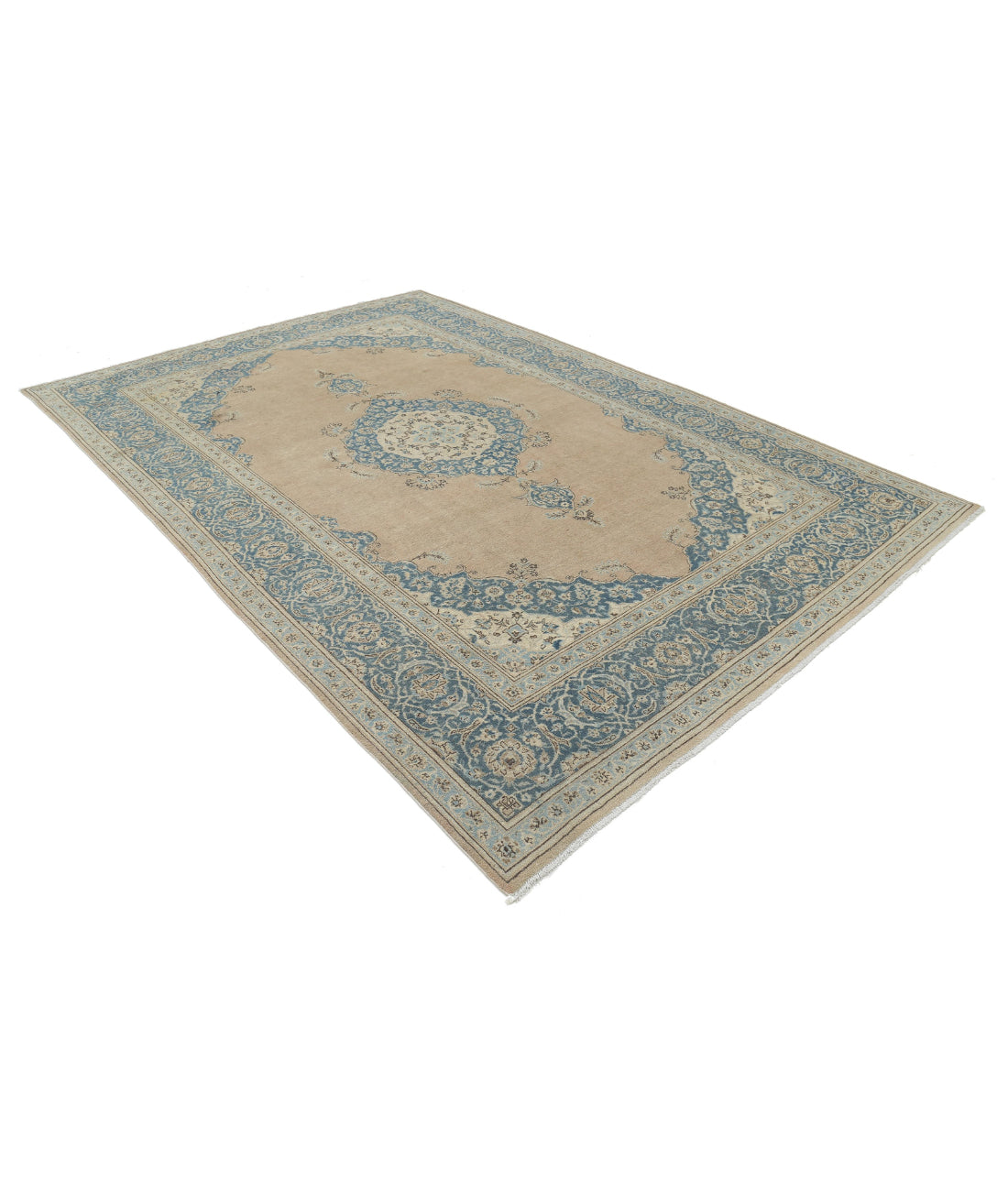 Hand Knotted Vintage Persian Tabriz Wool Rug - 7'4'' x 11'1'' 7'4'' x 11'1'' (220 X 333) / Taupe / Blue