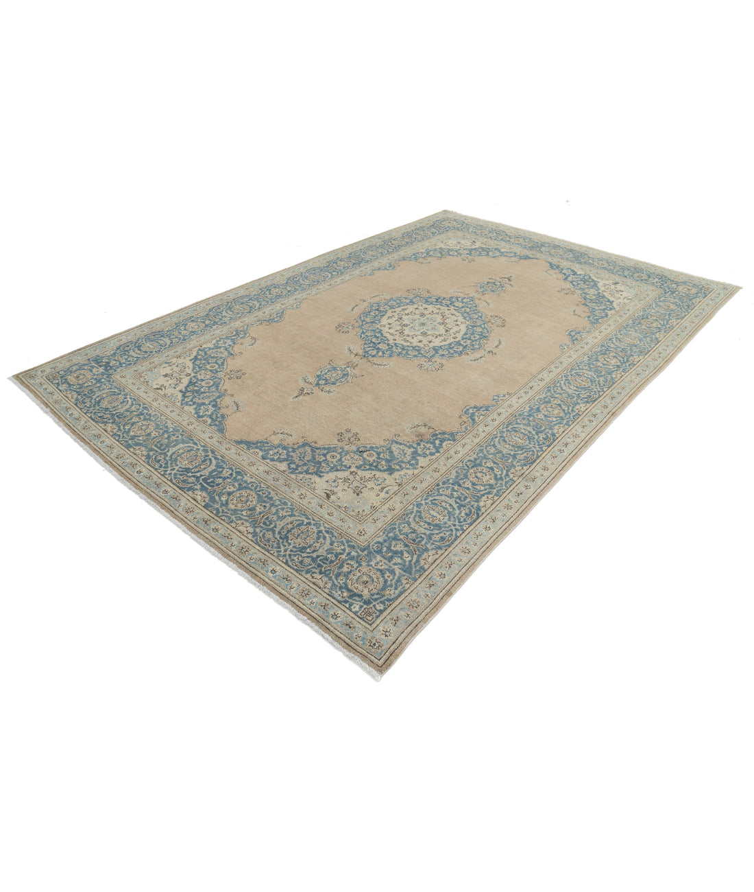 Hand Knotted Vintage Persian Tabriz Wool Rug - 7'4'' x 11'1'' 7'4'' x 11'1'' (220 X 333) / Taupe / Blue