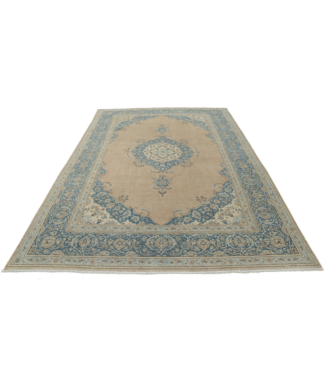Hand Knotted Vintage Persian Tabriz Wool Rug - 7'4'' x 11'1'' 7'4'' x 11'1'' (220 X 333) / Taupe / Blue