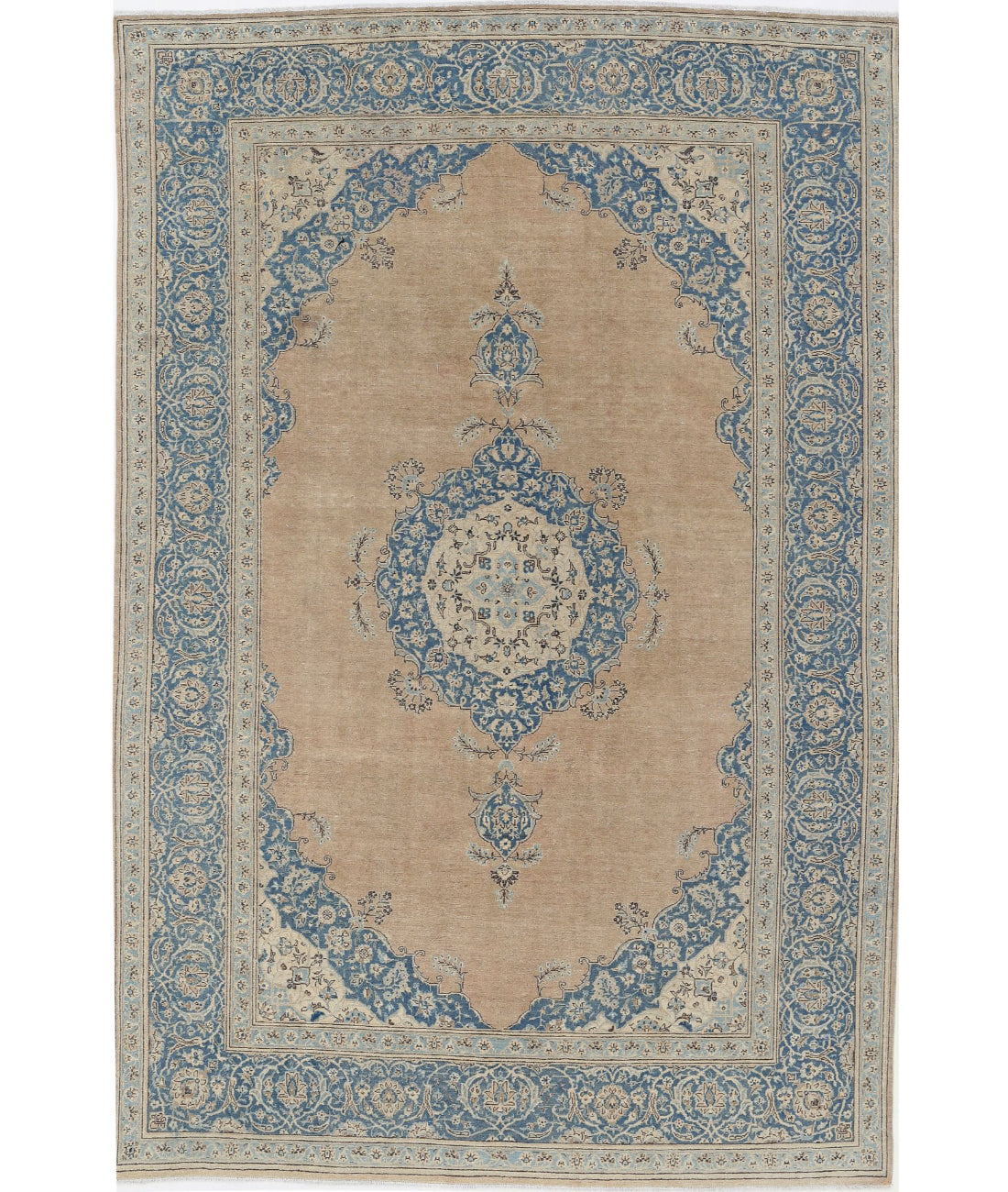 Hand Knotted Vintage Persian Tabriz Wool Rug - 7&#39;4&#39;&#39; x 11&#39;1&#39;&#39; 7&#39;4&#39;&#39; x 11&#39;1&#39;&#39; (220 X 333) / Taupe / Blue