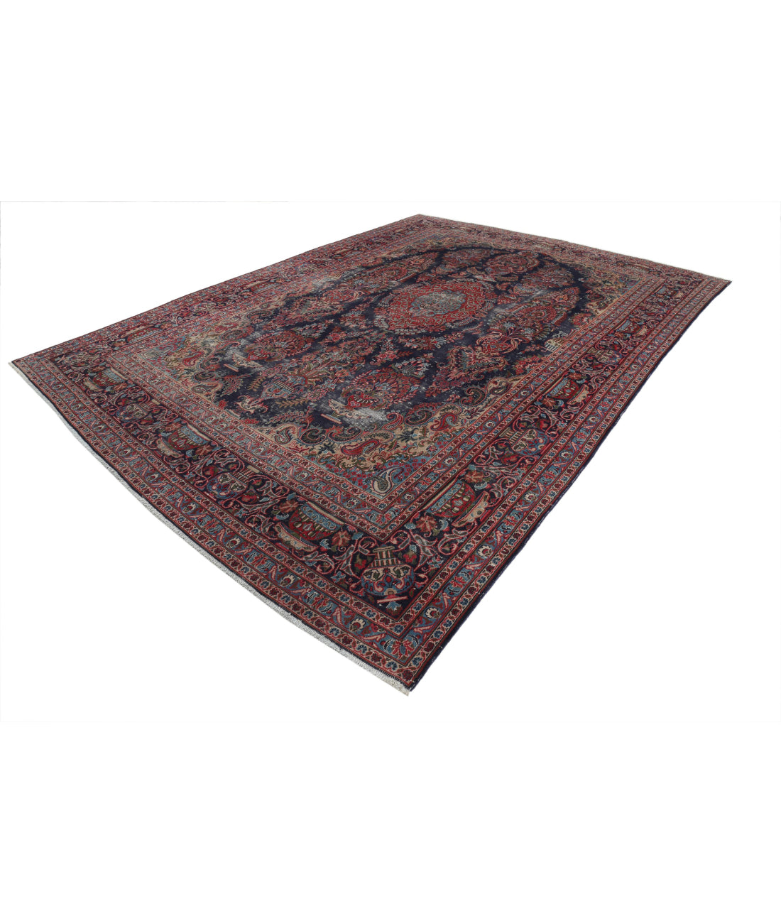 Hand Knotted Vintage Persian Tabriz Wool Rug - 9'6'' x 12'11'' 9'6'' x 12'11'' (285 X 388) / Blue / Red