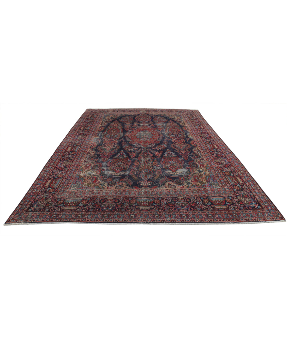 Hand Knotted Vintage Persian Tabriz Wool Rug - 9'6'' x 12'11'' 9'6'' x 12'11'' (285 X 388) / Blue / Red