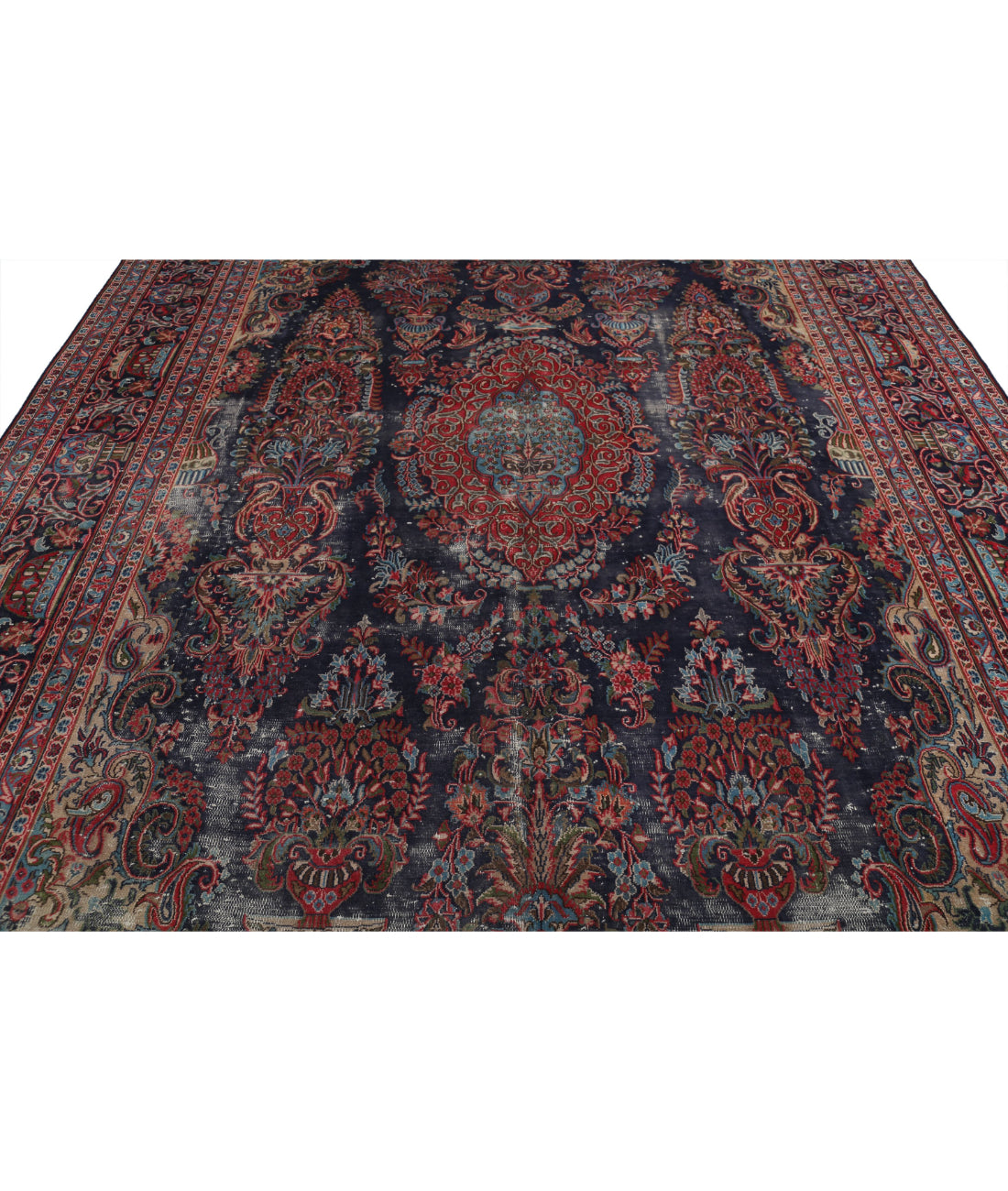 Hand Knotted Vintage Persian Tabriz Wool Rug - 9'6'' x 12'11'' 9'6'' x 12'11'' (285 X 388) / Blue / Red