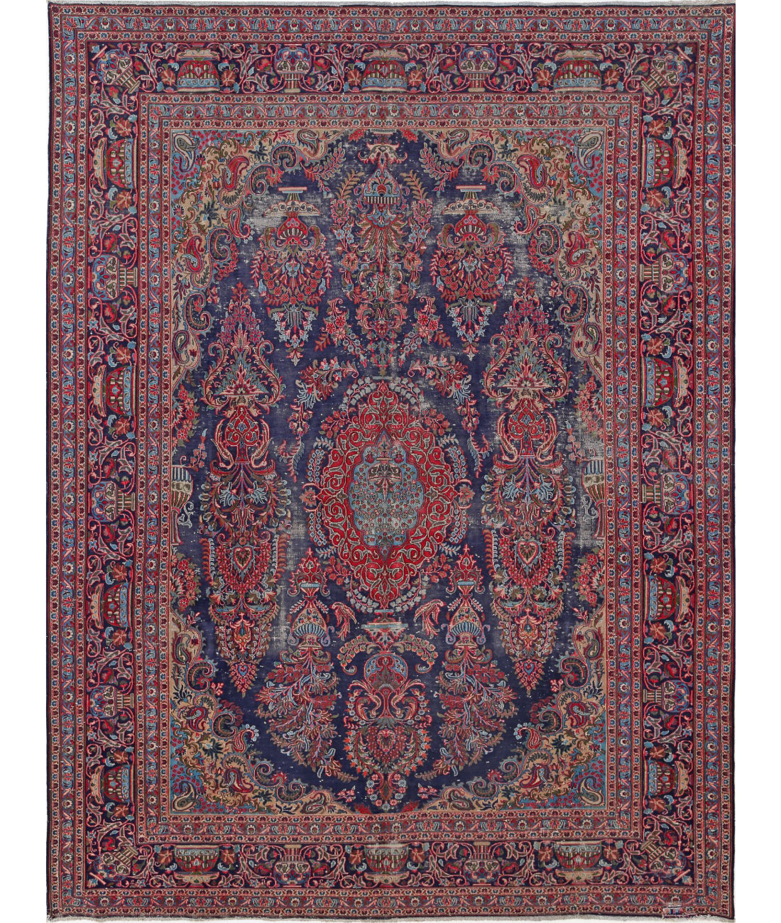 Hand Knotted Vintage Persian Tabriz Wool Rug - 9&#39;6&#39;&#39; x 12&#39;11&#39;&#39; 9&#39;6&#39;&#39; x 12&#39;11&#39;&#39; (285 X 388) / Blue / Red