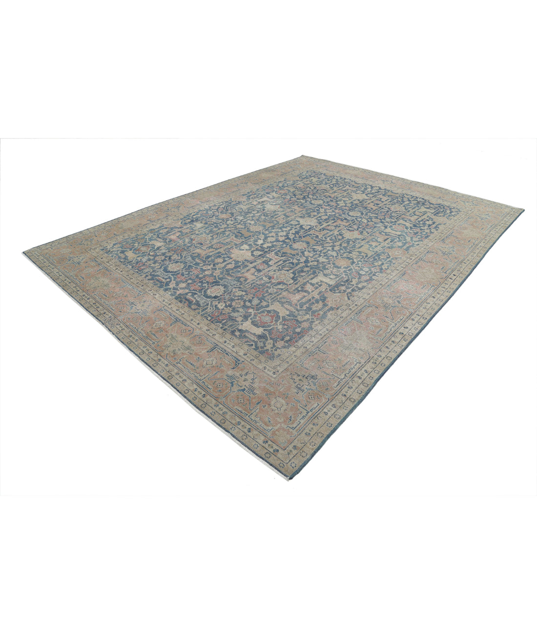 Hand Knotted Vintage Persian Tabriz Wool Rug - 9'5'' x 12'6'' 9'5'' x 12'6'' (283 X 375) / Blue / Pink