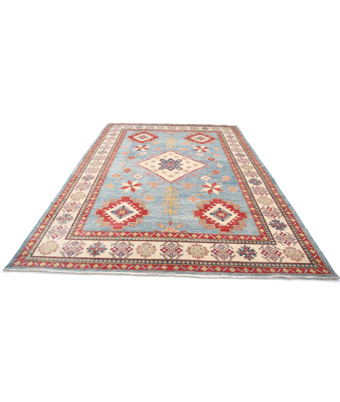 Hand Knotted Tribal Kazak Wool Rug - 8'2'' x 11'6'' 8' 2" X 11' 6" (249 X 351) / Blue / Ivory