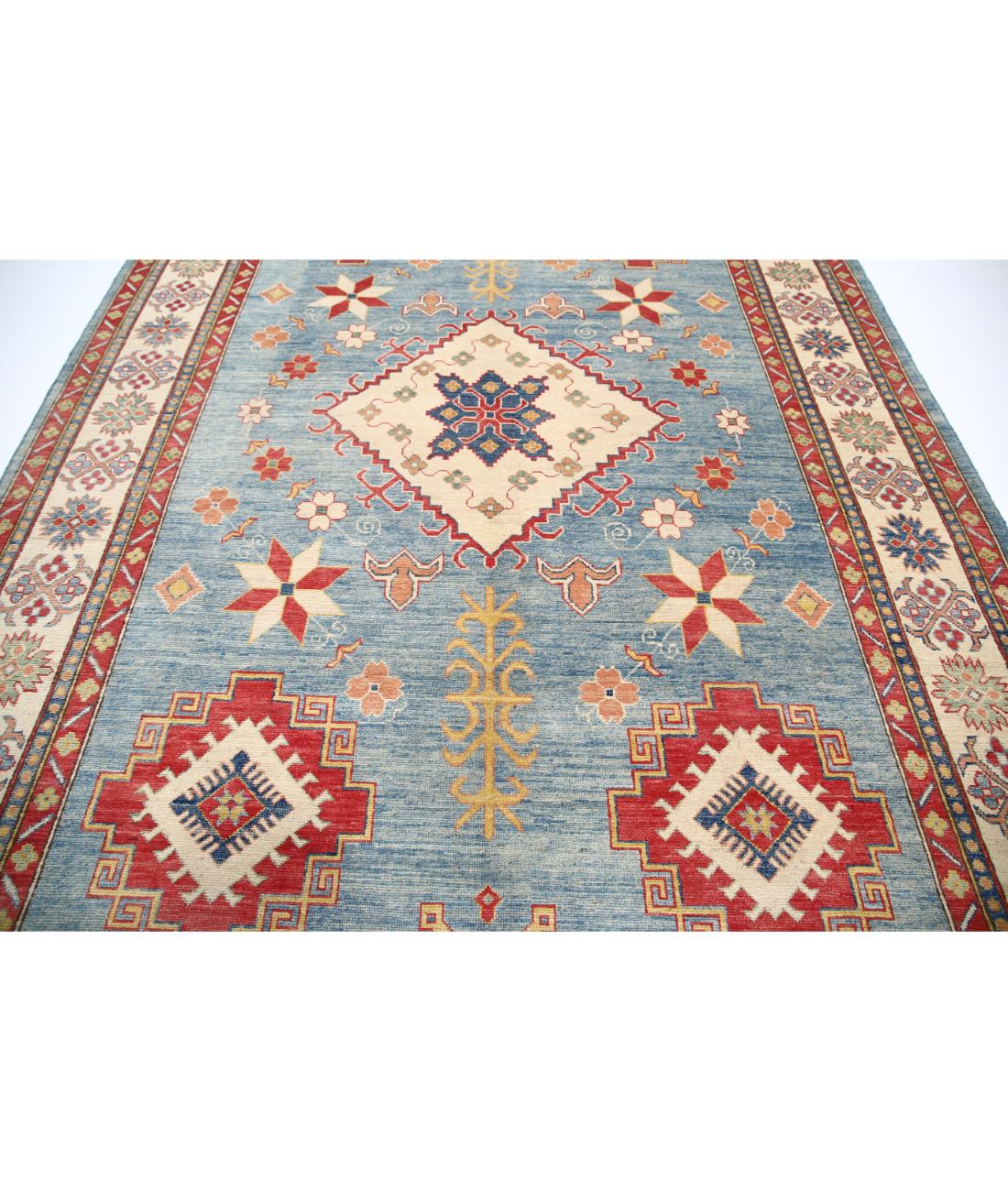 Hand Knotted Tribal Kazak Wool Rug - 8'2'' x 11'6'' 8' 2" X 11' 6" (249 X 351) / Blue / Ivory