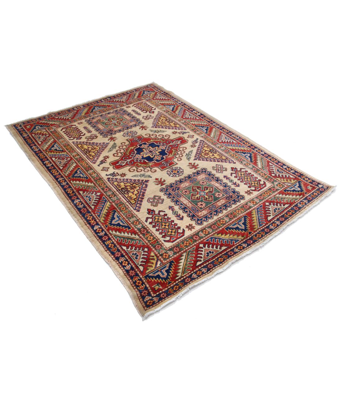 Hand Knotted Tribal Kazak Wool Rug - 4'9'' x 6'7'' 4' 9" X 6' 7" (145 X 201) / Ivory / Red