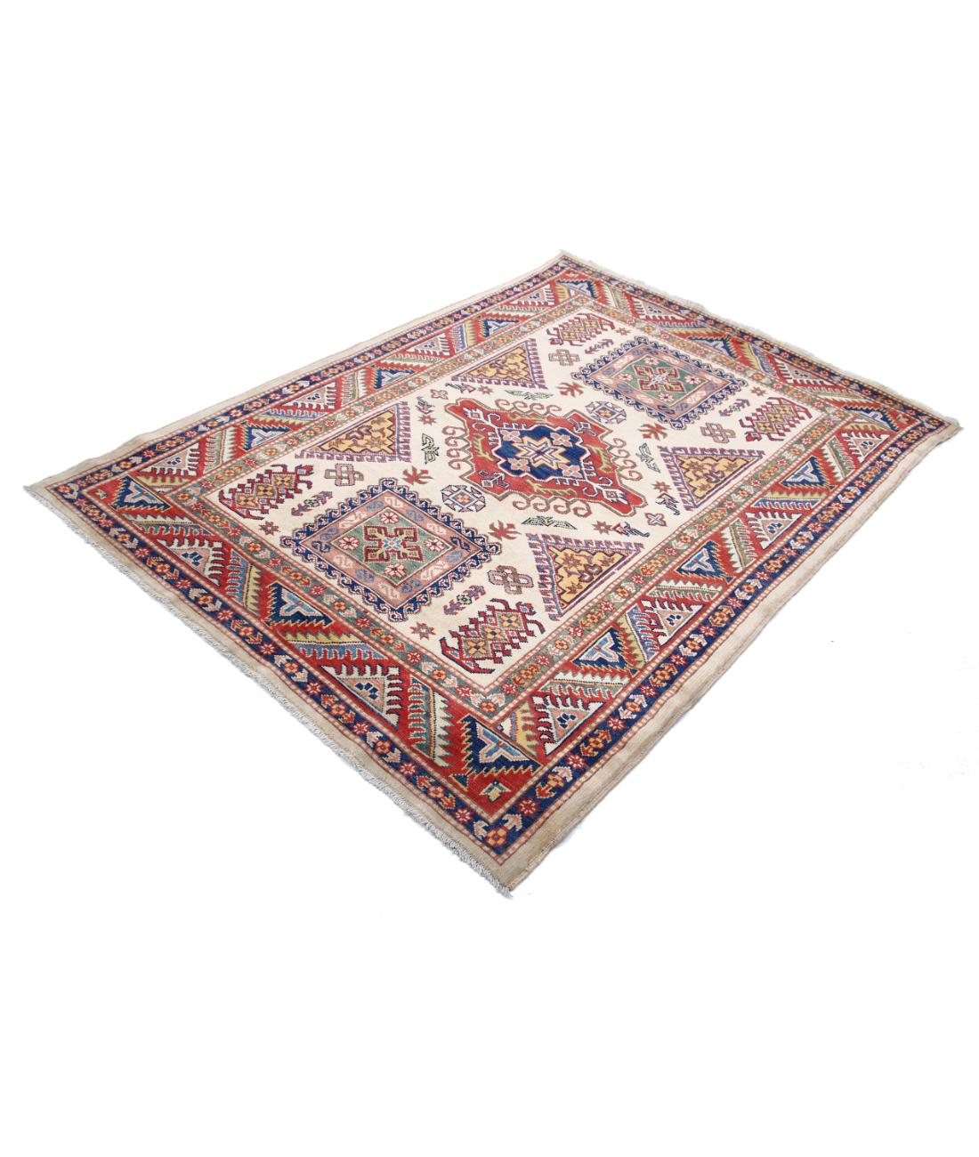 Hand Knotted Tribal Kazak Wool Rug - 4'9'' x 6'7'' 4' 9" X 6' 7" (145 X 201) / Ivory / Red