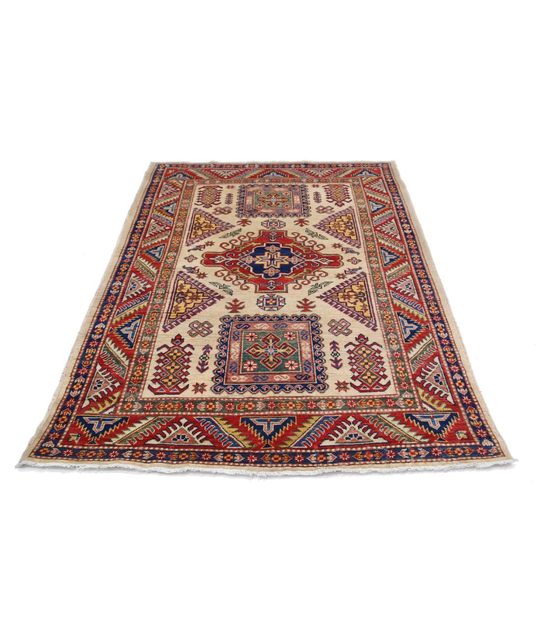 Hand Knotted Tribal Kazak Wool Rug - 4'9'' x 6'7'' 4' 9" X 6' 7" (145 X 201) / Ivory / Red