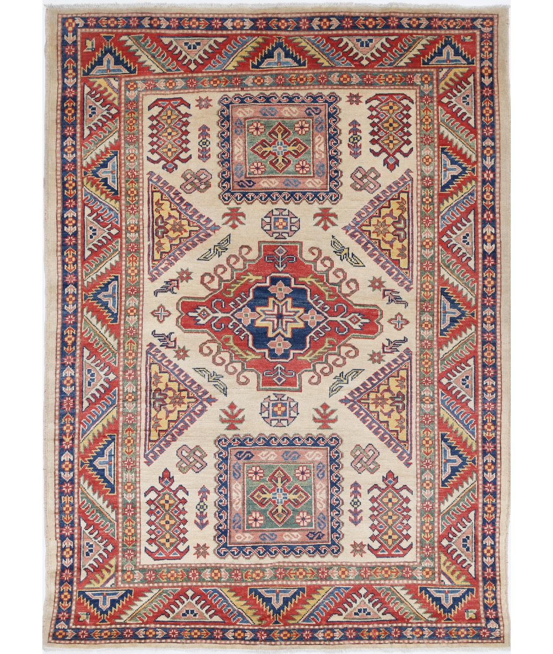 Hand Knotted Tribal Kazak Wool Rug - 4'9'' x 6'7'' 4' 9" X 6' 7" (145 X 201) / Ivory / Red