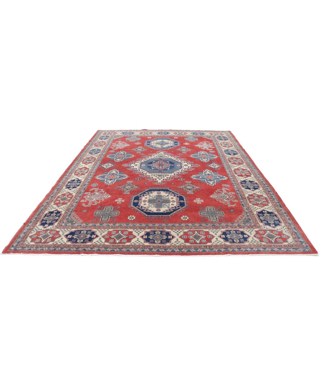 Hand Knotted Tribal Kazak Wool Rug - 8'11'' x 11'2'' 8' 11" X 11' 2" (272 X 340) / Red / Ivory