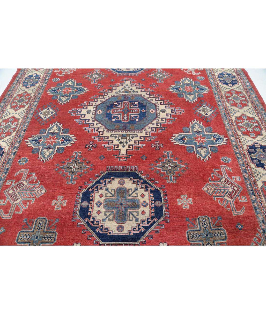 Hand Knotted Tribal Kazak Wool Rug - 8'11'' x 11'2'' 8' 11" X 11' 2" (272 X 340) / Red / Ivory