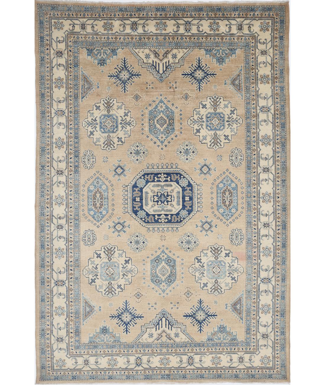 Hand Knotted Tribal Kazak Wool Rug - 6'6'' x 9'9'' 6' 6" X 9' 9" (198 X 297) / Taupe / Ivory