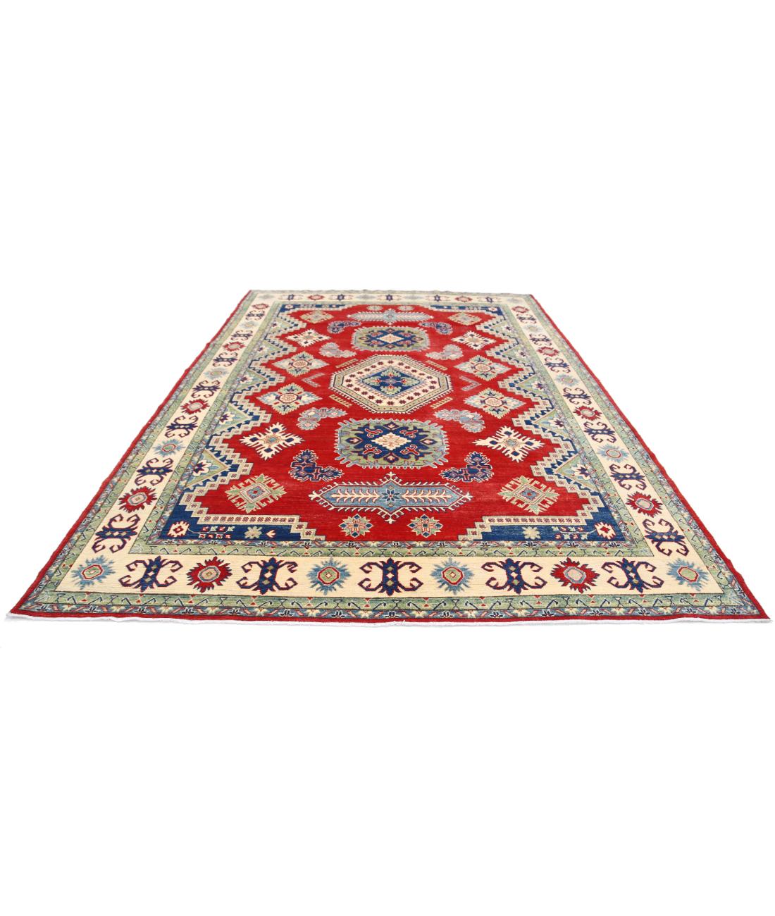 Hand Knotted Tribal Kazak Wool Rug - 8'6'' x 12'4'' 8' 6" X 12' 4" (259 X 376) / Red / Ivory