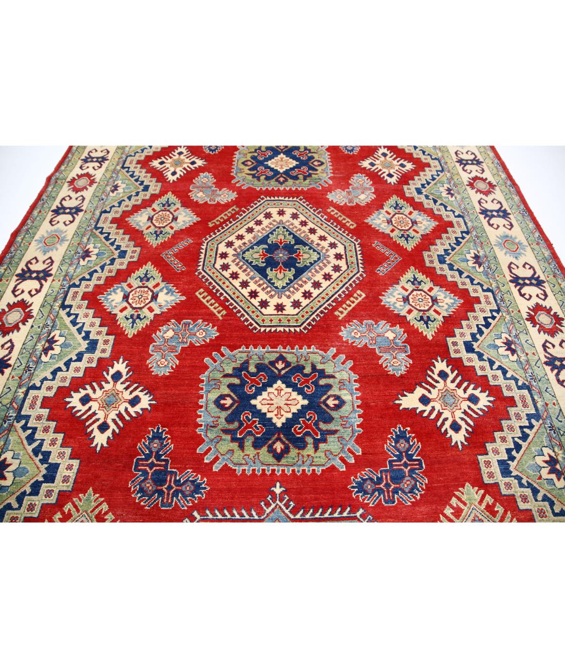 Hand Knotted Tribal Kazak Wool Rug - 8'6'' x 12'4'' 8' 6" X 12' 4" (259 X 376) / Red / Ivory