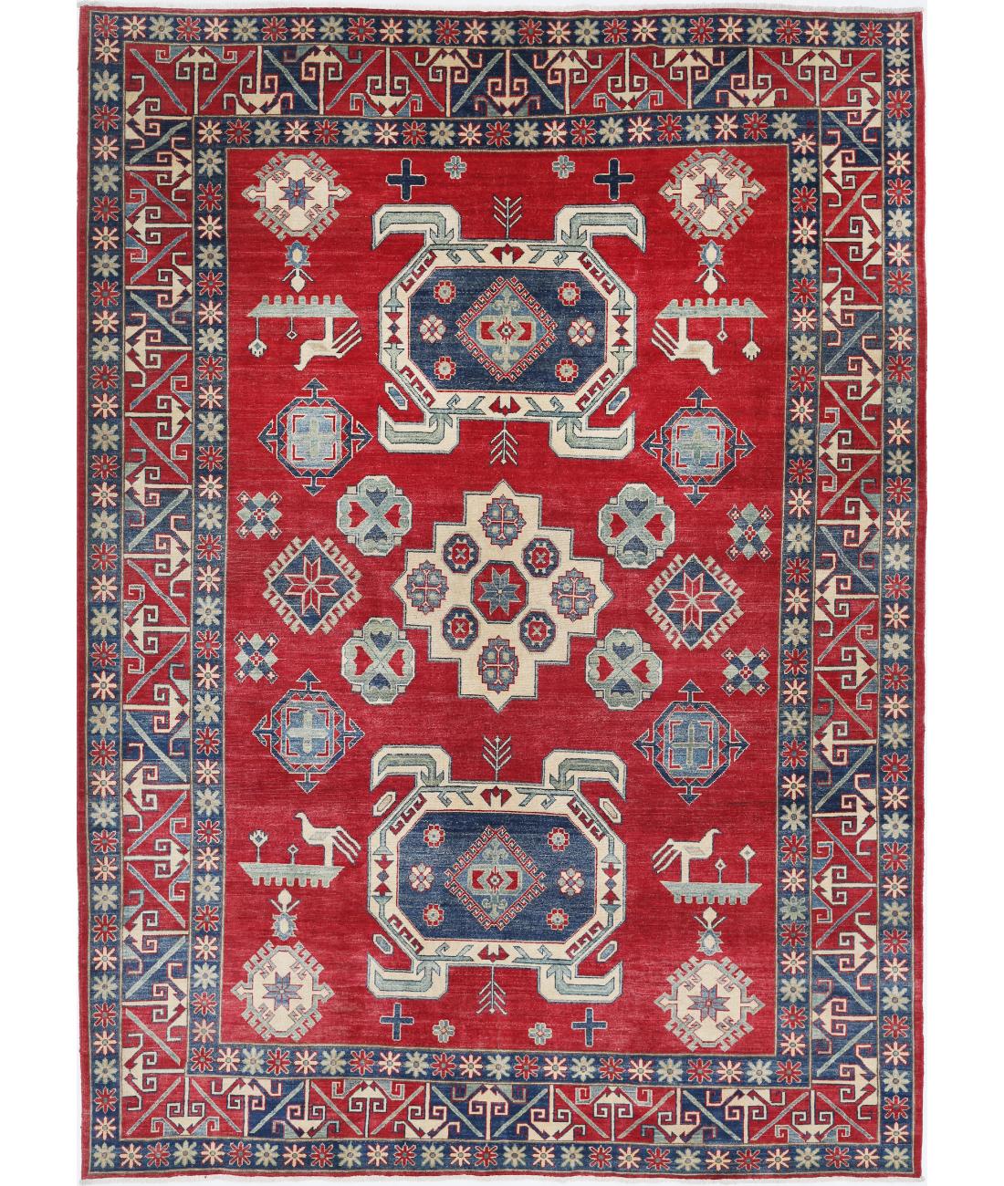 Hand Knotted Tribal Kazak Wool Rug - 8'4'' x 11'6'' 8' 4" X 11' 6" (254 X 351) / Red / Blue