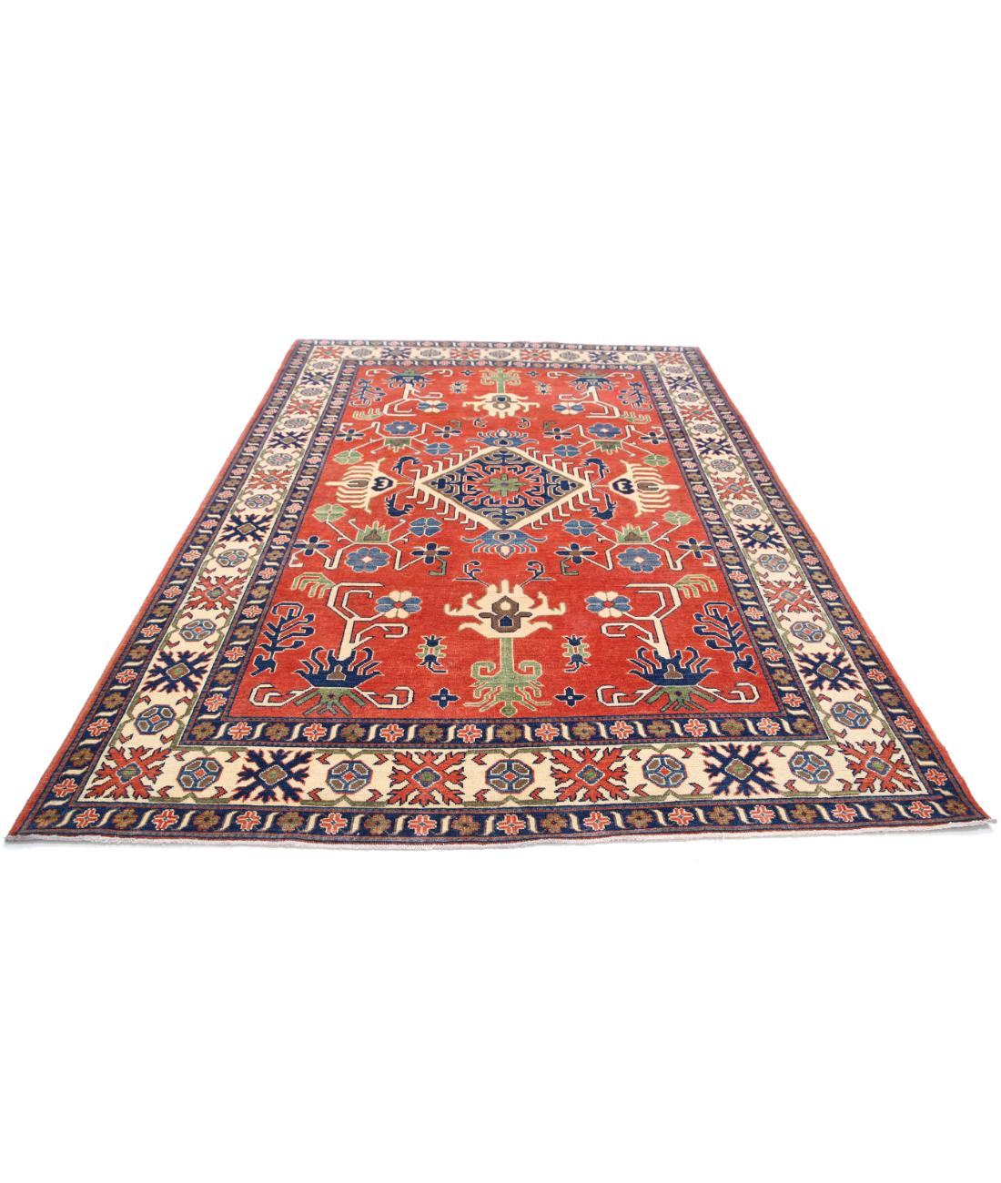 Hand Knotted Tribal Kazak Wool Rug - 6'9'' x 9'9'' 6' 9" X 9' 9" (206 X 297) / Red / Ivory