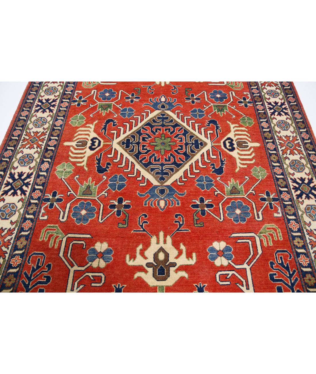 Hand Knotted Tribal Kazak Wool Rug - 6'9'' x 9'9'' 6' 9" X 9' 9" (206 X 297) / Red / Ivory