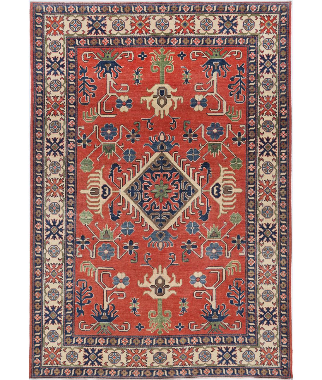 Hand Knotted Tribal Kazak Wool Rug - 6'9'' x 9'9'' 6' 9" X 9' 9" (206 X 297) / Red / Ivory