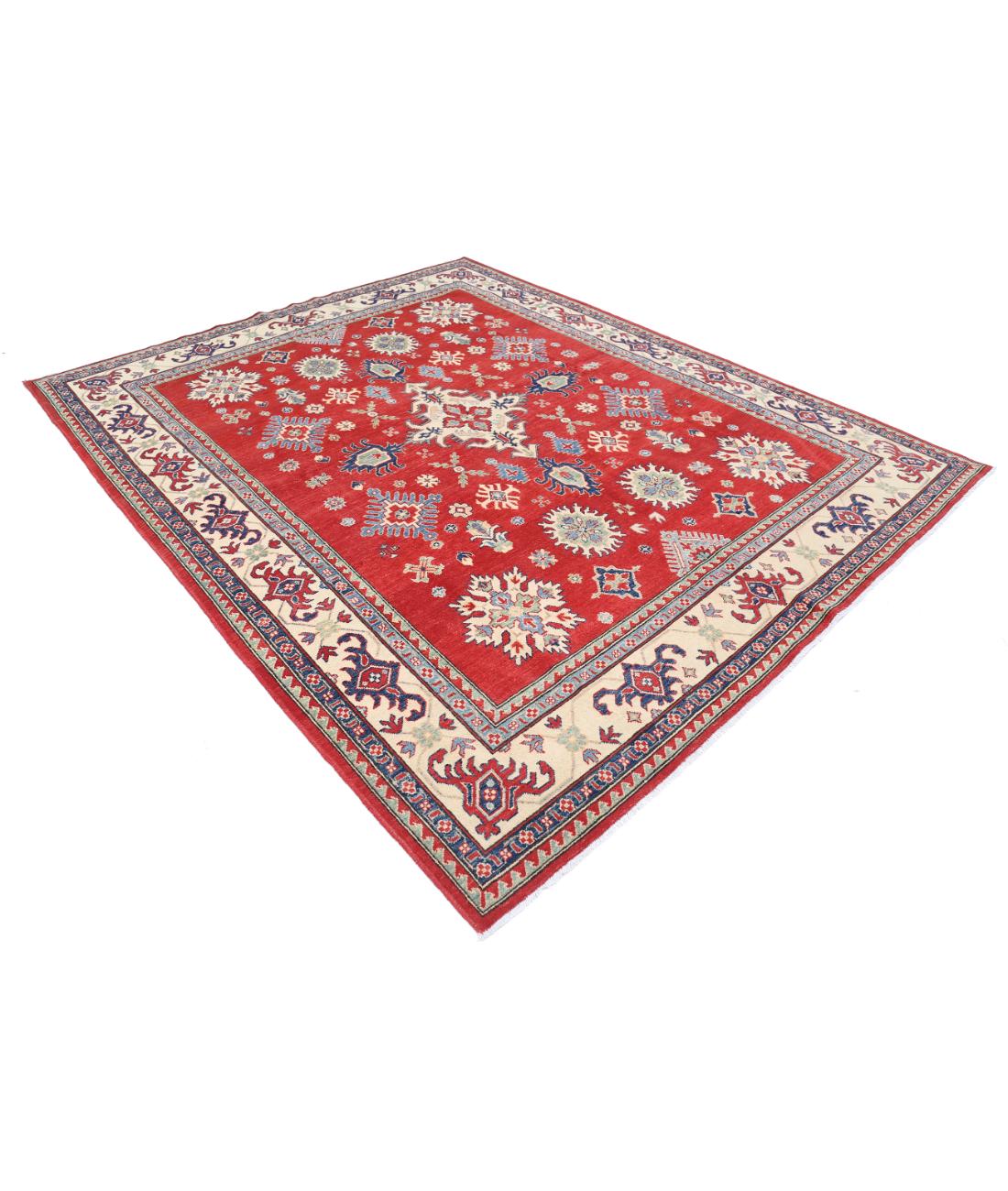 Hand Knotted Tribal Kazak Wool Rug - 8'0'' x 9'9'' 8' 0" X 9' 9" (244 X 297) / Red / Ivory