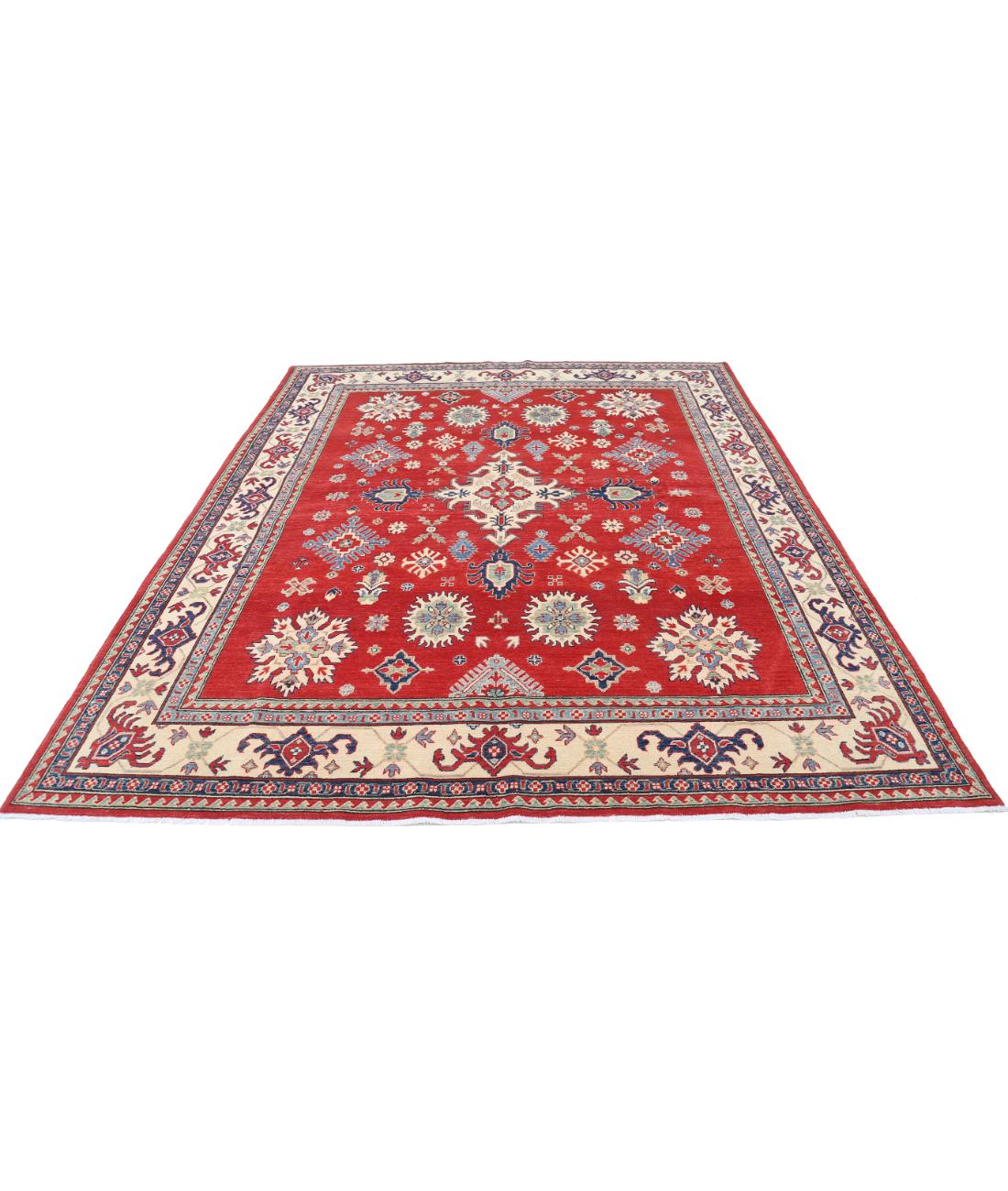 Hand Knotted Tribal Kazak Wool Rug - 8'0'' x 9'9'' 8' 0" X 9' 9" (244 X 297) / Red / Ivory