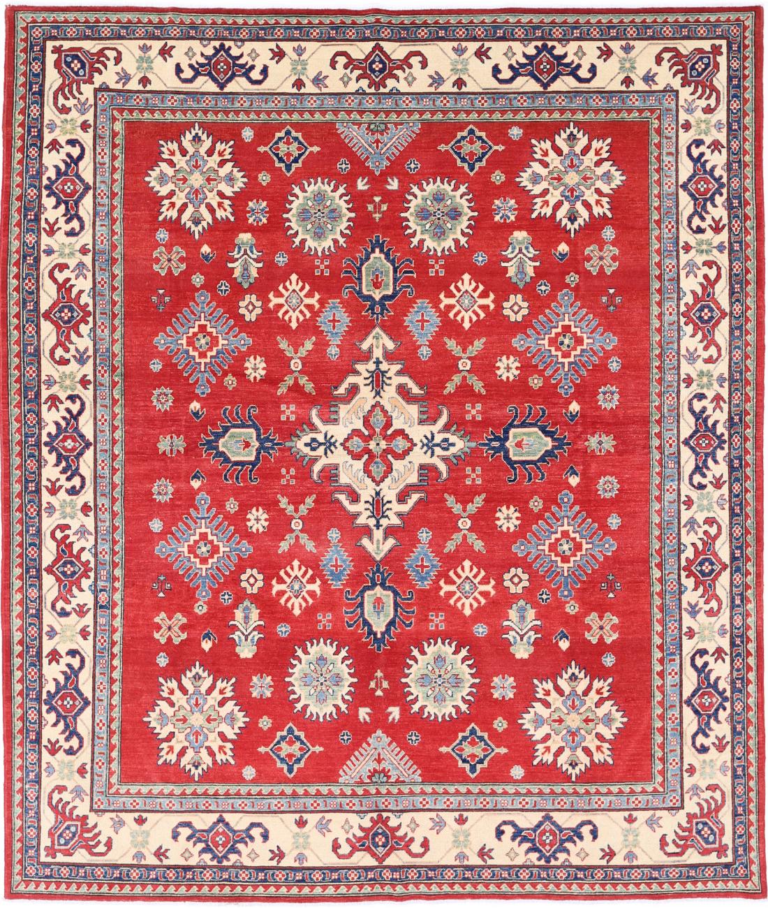 Hand Knotted Tribal Kazak Wool Rug - 8&#39;0&#39;&#39; x 9&#39;9&#39;&#39; 8&#39; 0&quot; X 9&#39; 9&quot; (244 X 297) / Red / Ivory