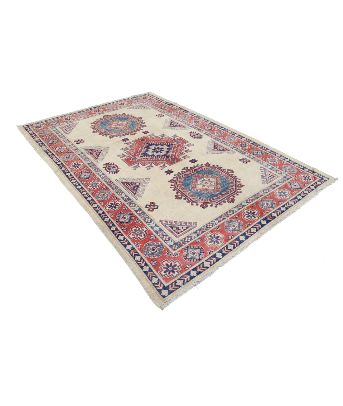 Hand Knotted Tribal Kazak Wool Rug - 6'3'' x 9'2'' 6' 3" X 9' 2" (191 X 279) / Ivory / Red