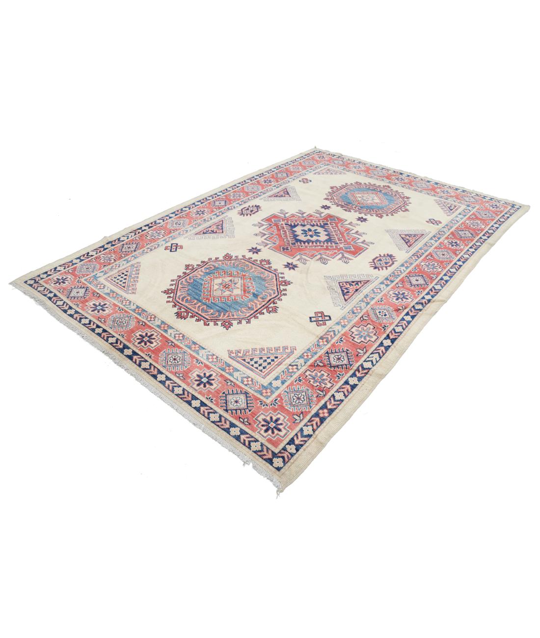 Hand Knotted Tribal Kazak Wool Rug - 6'3'' x 9'2'' 6' 3" X 9' 2" (191 X 279) / Ivory / Red