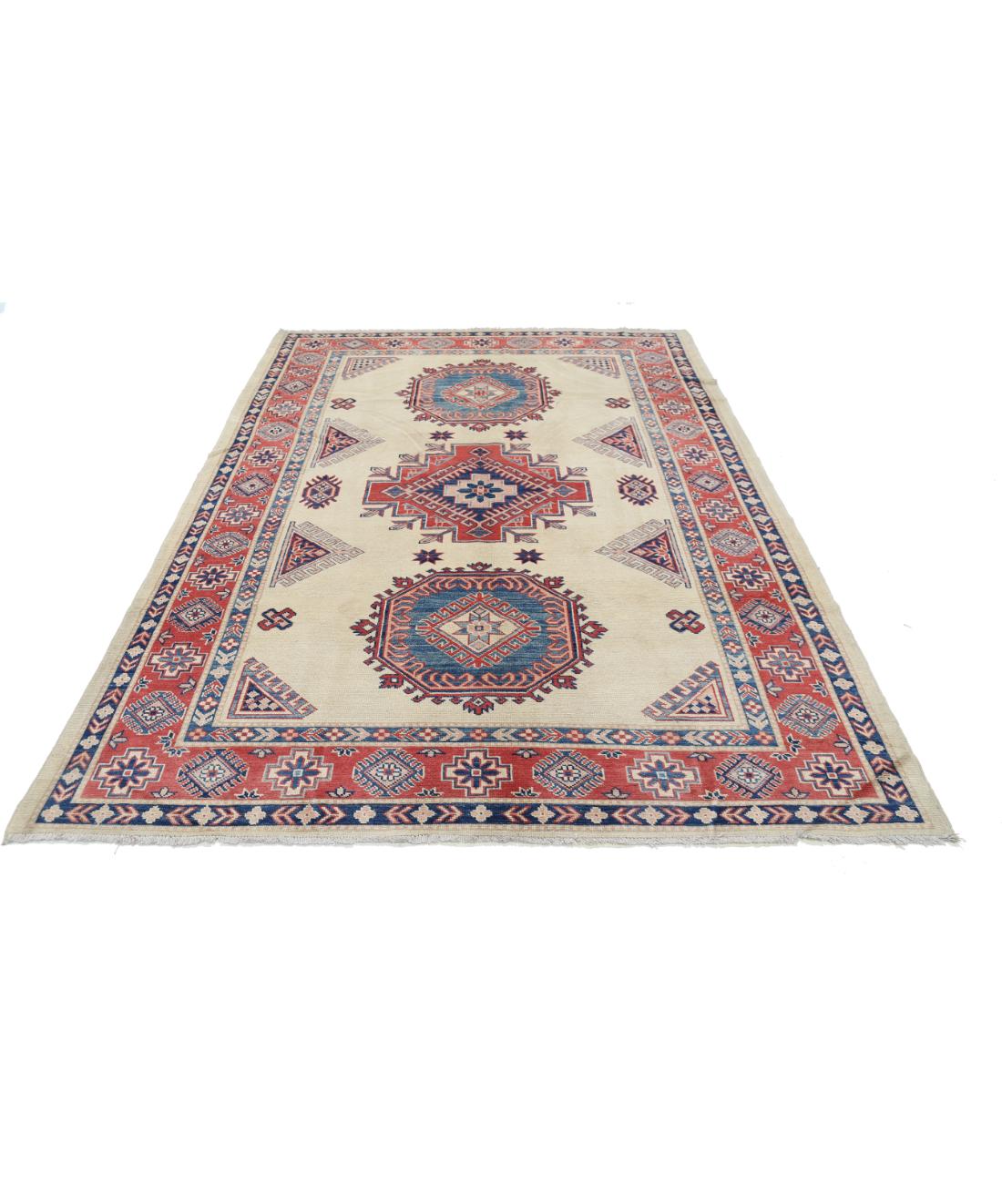 Hand Knotted Tribal Kazak Wool Rug - 6'3'' x 9'2'' 6' 3" X 9' 2" (191 X 279) / Ivory / Red