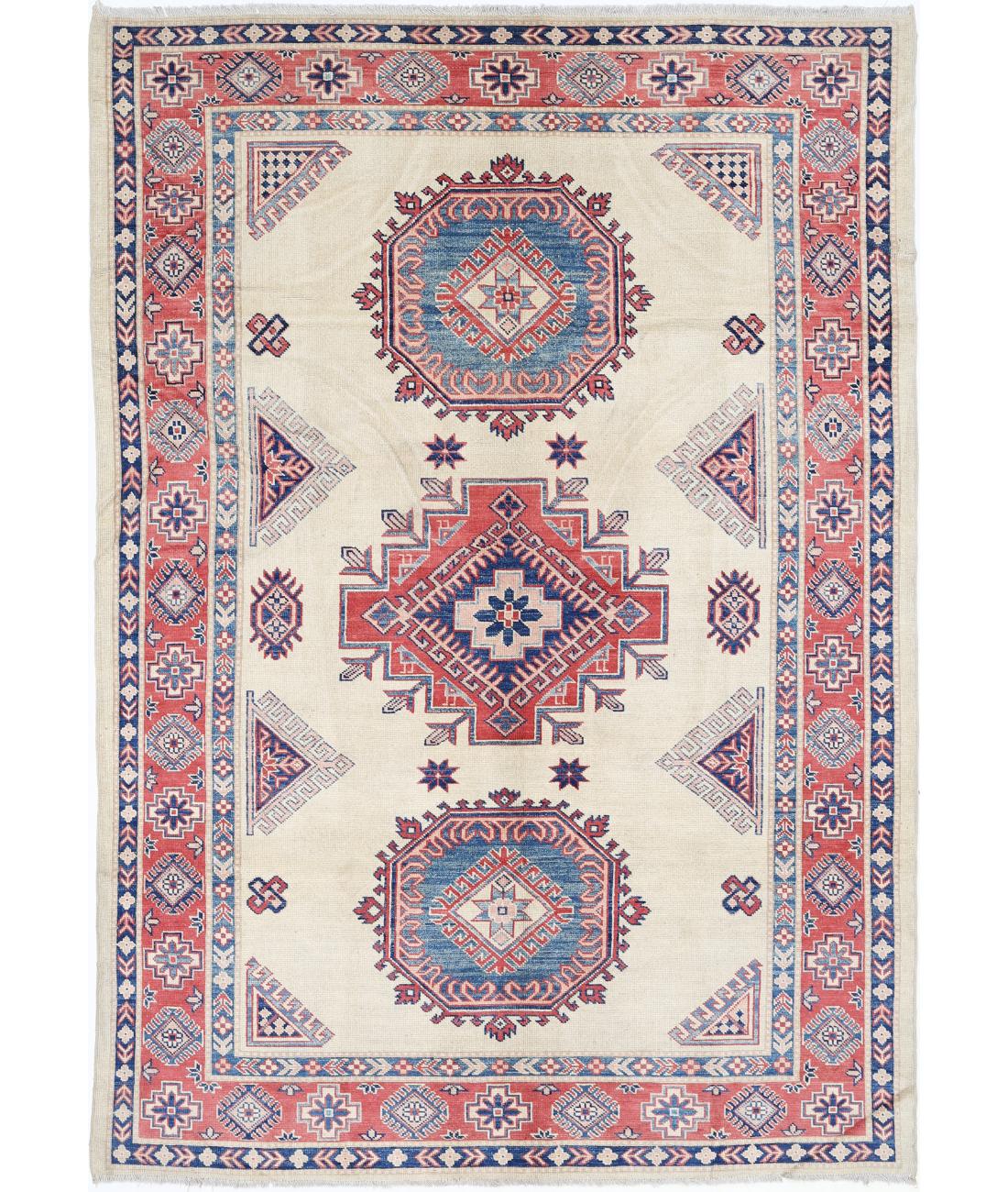 Hand Knotted Tribal Kazak Wool Rug - 6&#39;3&#39;&#39; x 9&#39;2&#39;&#39; 6&#39; 3&quot; X 9&#39; 2&quot; (191 X 279) / Ivory / Red