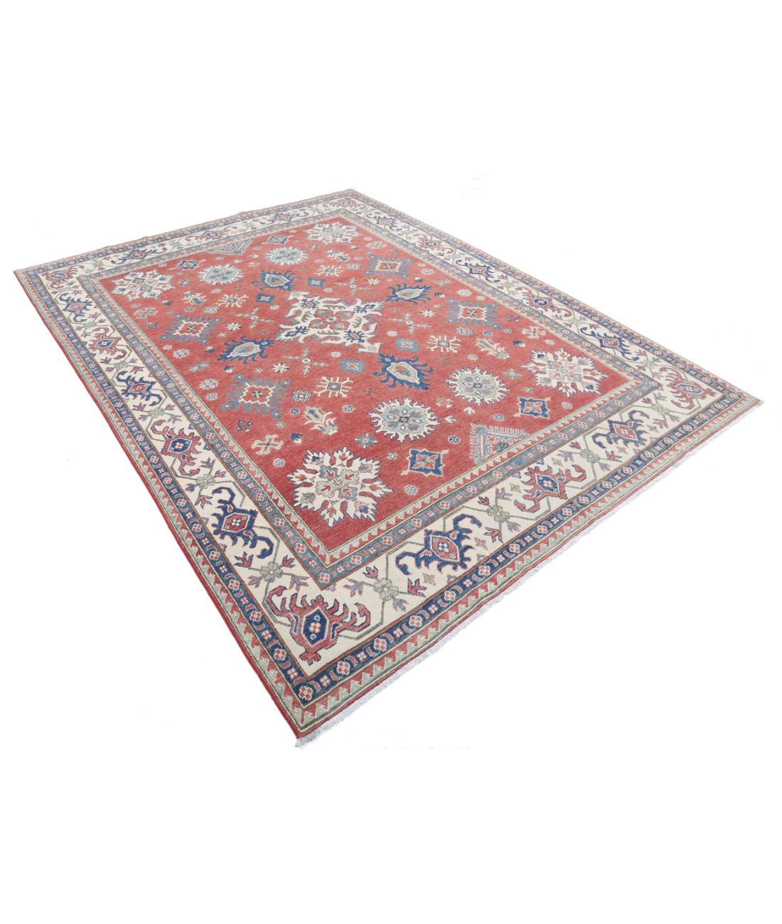Hand Knotted Tribal Kazak Wool Rug - 7'4'' x 9'3'' 7' 4" X 9' 3" (224 X 282) / Red / Ivory