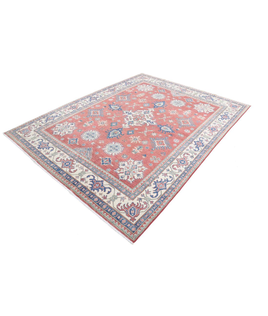 Hand Knotted Tribal Kazak Wool Rug - 7'4'' x 9'3'' 7' 4" X 9' 3" (224 X 282) / Red / Ivory