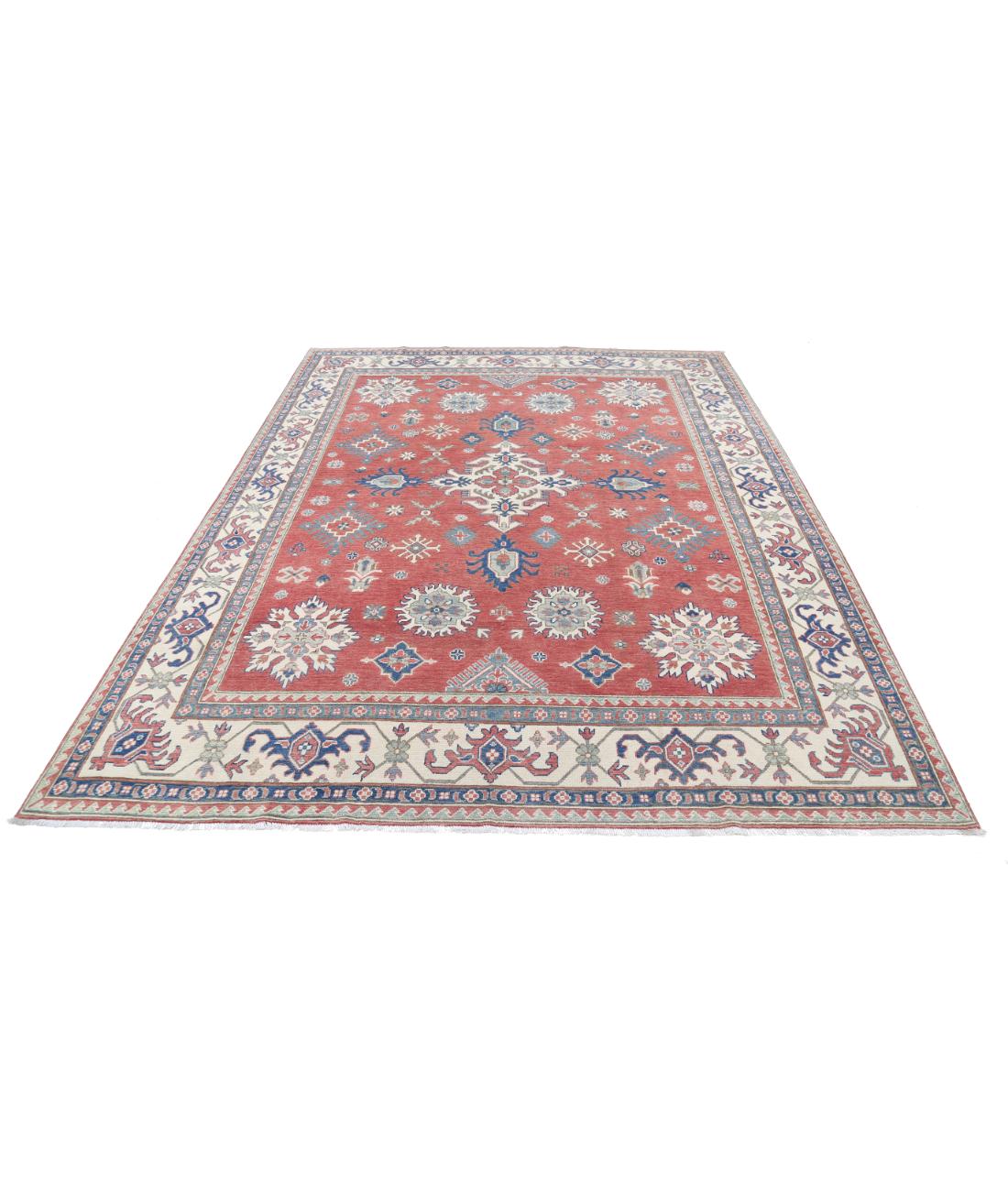 Hand Knotted Tribal Kazak Wool Rug - 7'4'' x 9'3'' 7' 4" X 9' 3" (224 X 282) / Red / Ivory