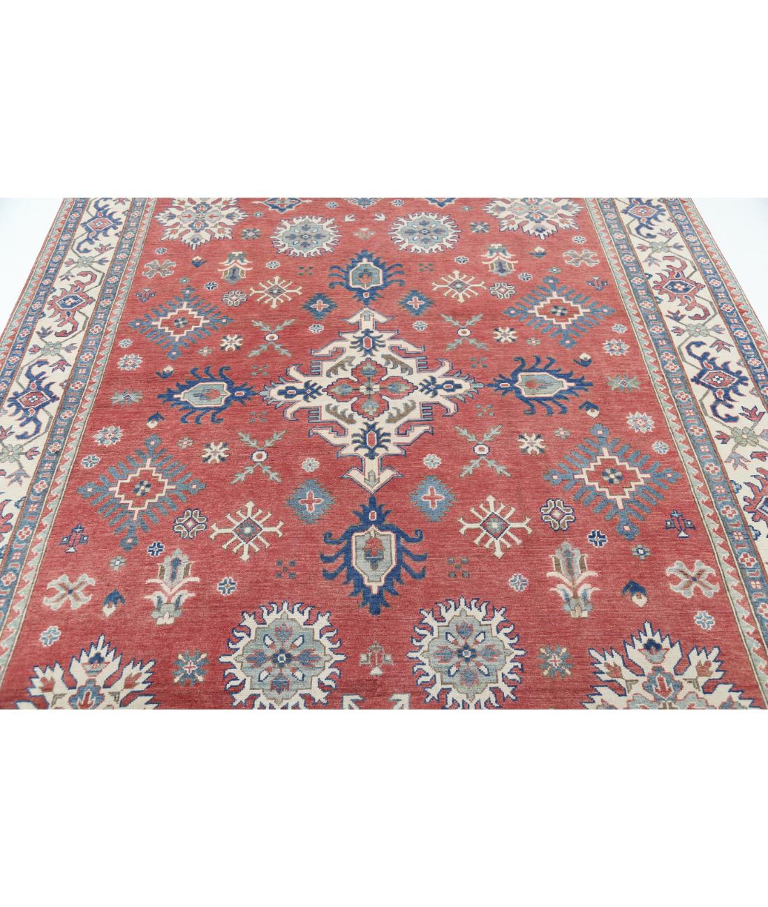 Hand Knotted Tribal Kazak Wool Rug - 7'4'' x 9'3'' 7' 4" X 9' 3" (224 X 282) / Red / Ivory