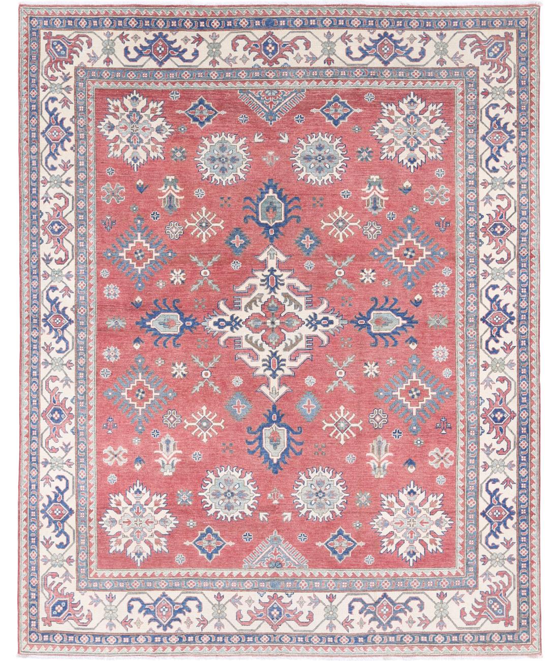 Hand Knotted Tribal Kazak Wool Rug - 7&#39;4&#39;&#39; x 9&#39;3&#39;&#39; 7&#39; 4&quot; X 9&#39; 3&quot; (224 X 282) / Red / Ivory