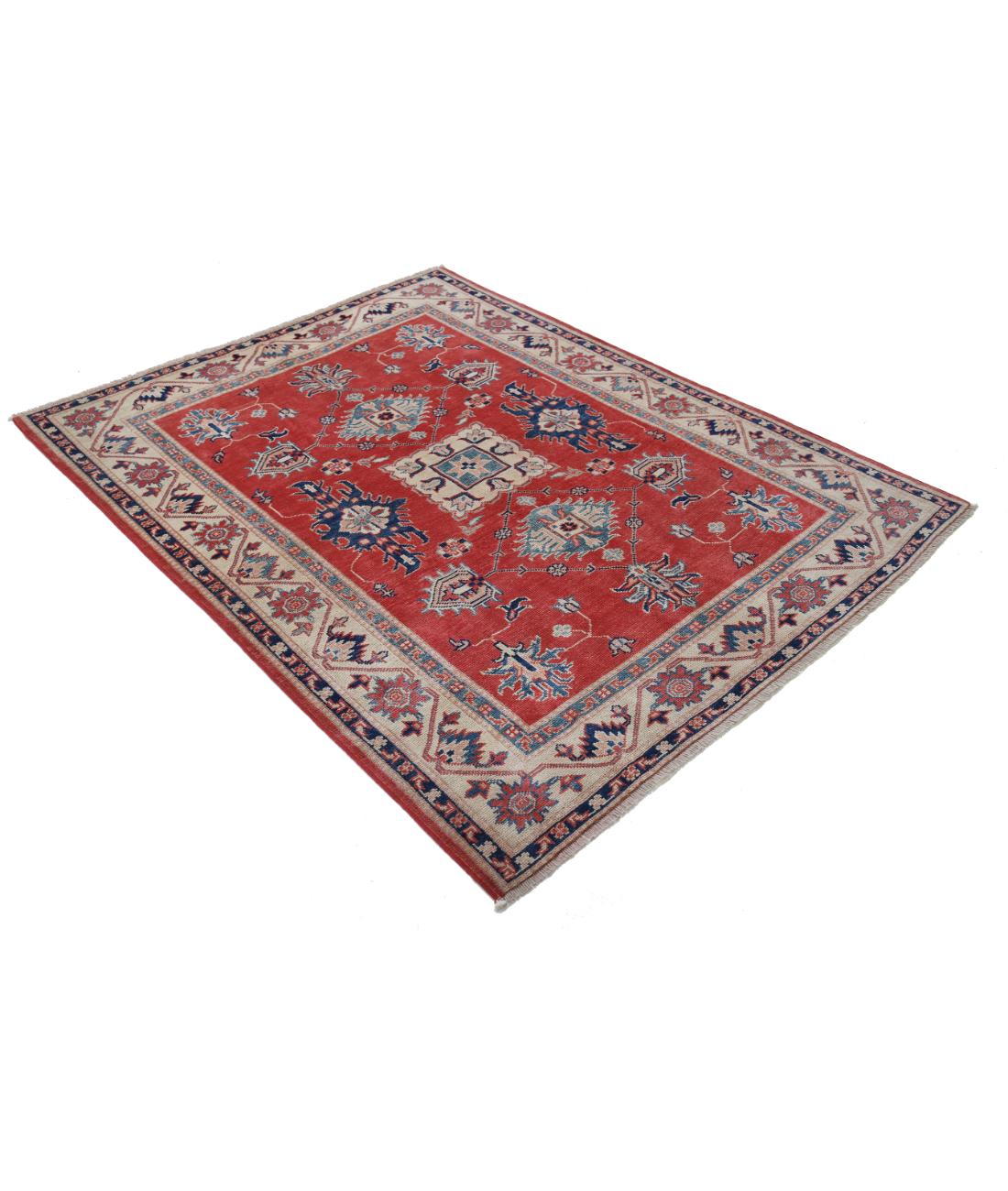 Hand Knotted Tribal Kazak Wool Rug - 4'11'' x 6'4'' 4' 11" X 6' 4" (150 X 193) / Red / Ivory