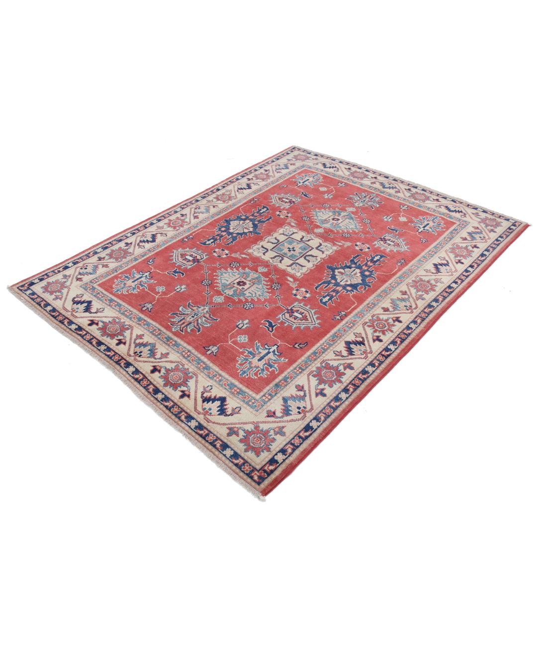 Hand Knotted Tribal Kazak Wool Rug - 4'11'' x 6'4'' 4' 11" X 6' 4" (150 X 193) / Red / Ivory