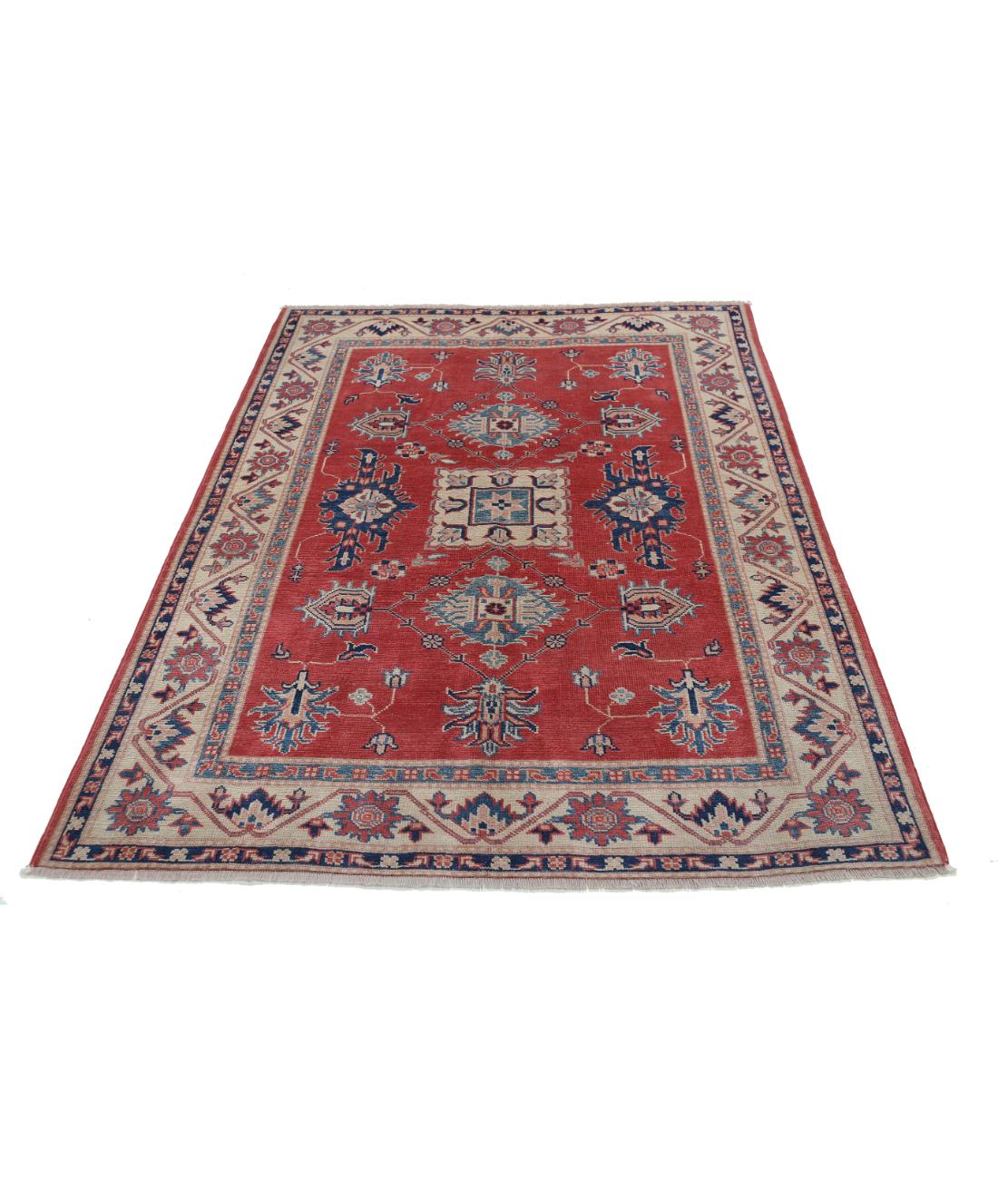 Hand Knotted Tribal Kazak Wool Rug - 4'11'' x 6'4'' 4' 11" X 6' 4" (150 X 193) / Red / Ivory