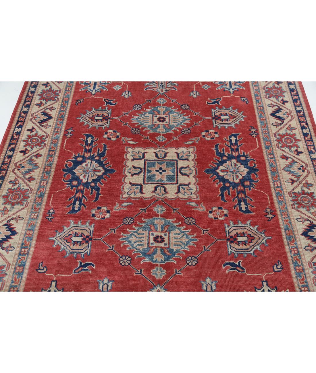 Hand Knotted Tribal Kazak Wool Rug - 4'11'' x 6'4'' 4' 11" X 6' 4" (150 X 193) / Red / Ivory
