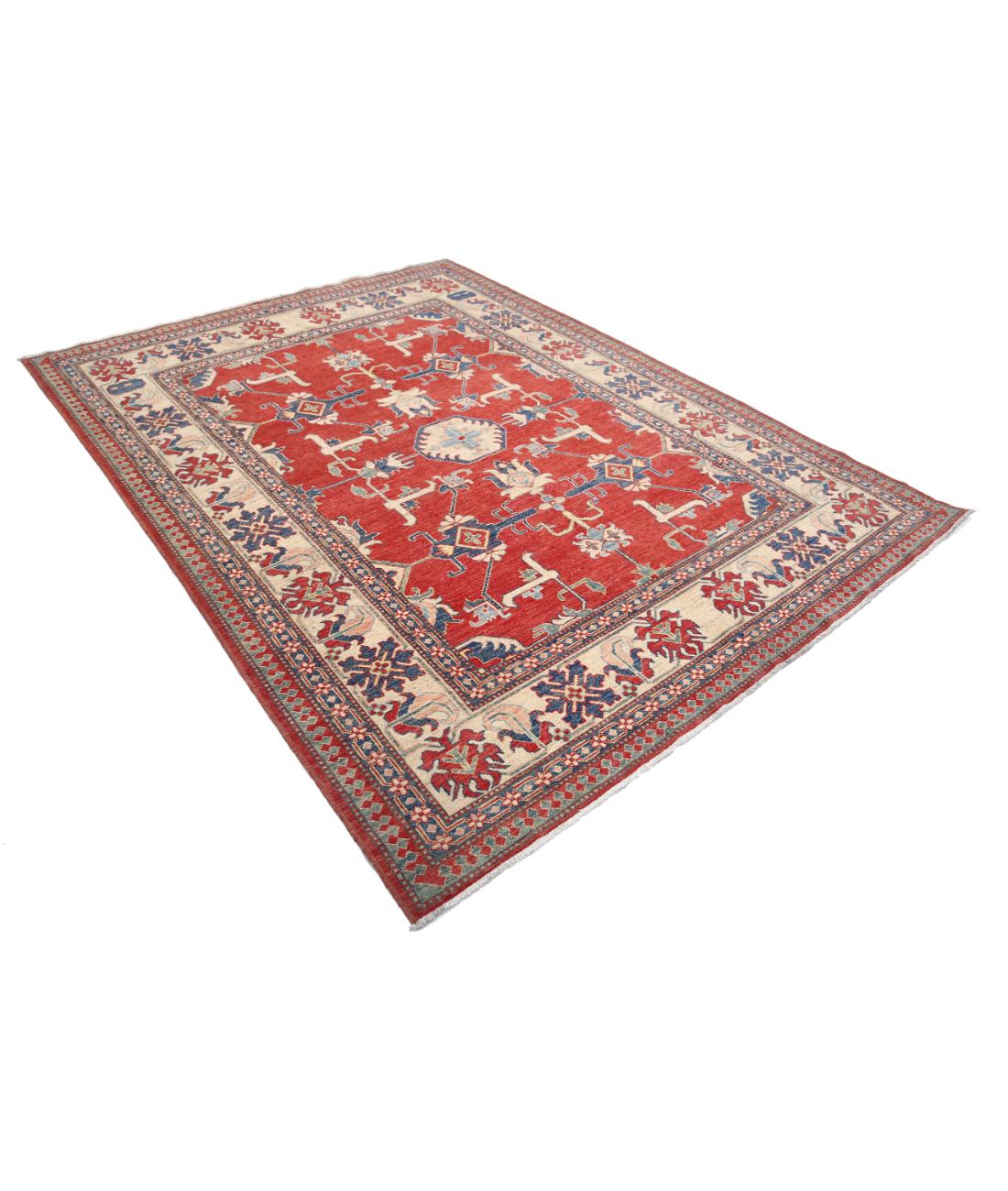 Hand Knotted Tribal Kazak Wool Rug - 6'9'' x 8'9'' 6' 9" X 8' 9" (206 X 267) / Red / Ivory