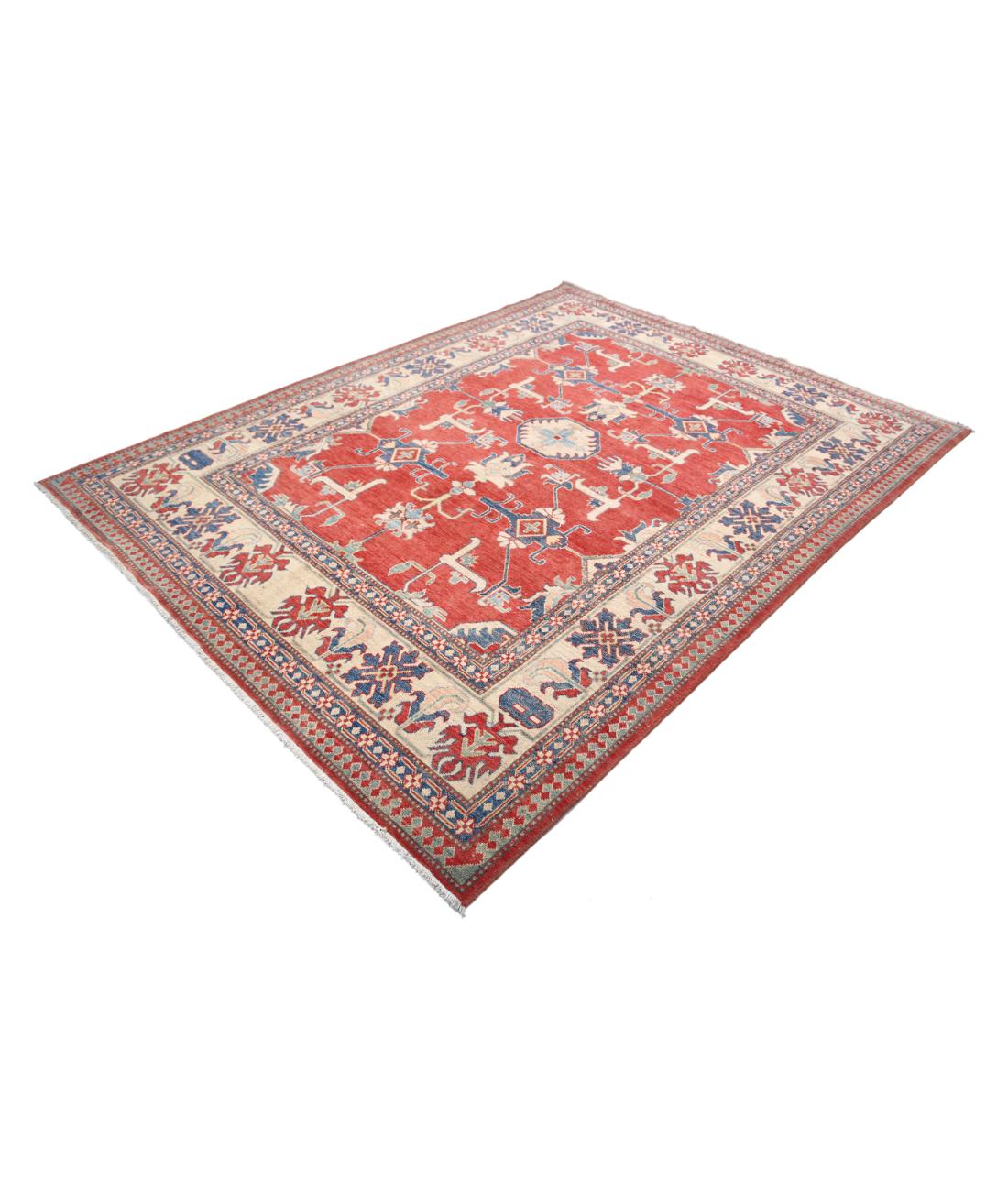 Hand Knotted Tribal Kazak Wool Rug - 6'9'' x 8'9'' 6' 9" X 8' 9" (206 X 267) / Red / Ivory
